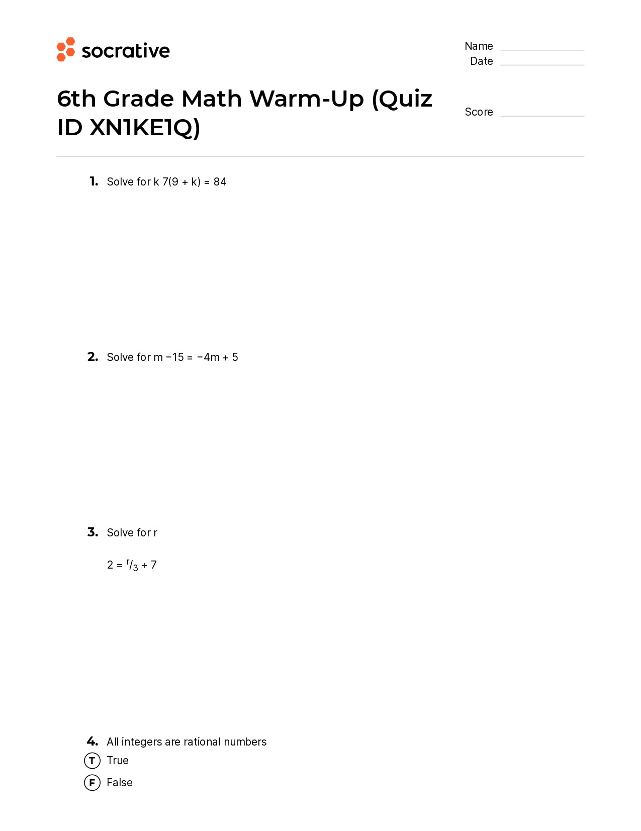 6Th Grade Math Warm-Up