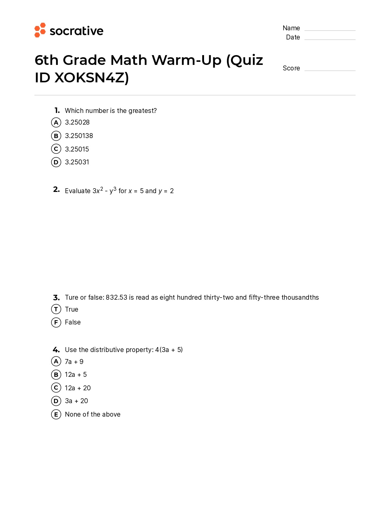 6Th Grade Math Warm-Up
