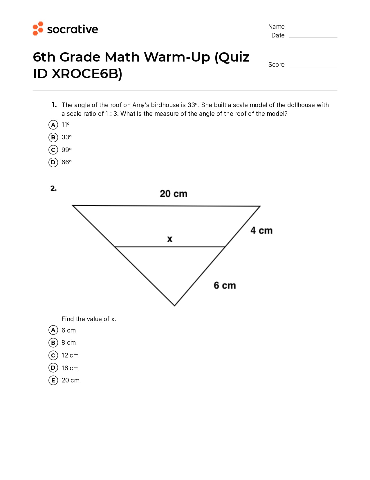 6Th Grade Math Warm-Up