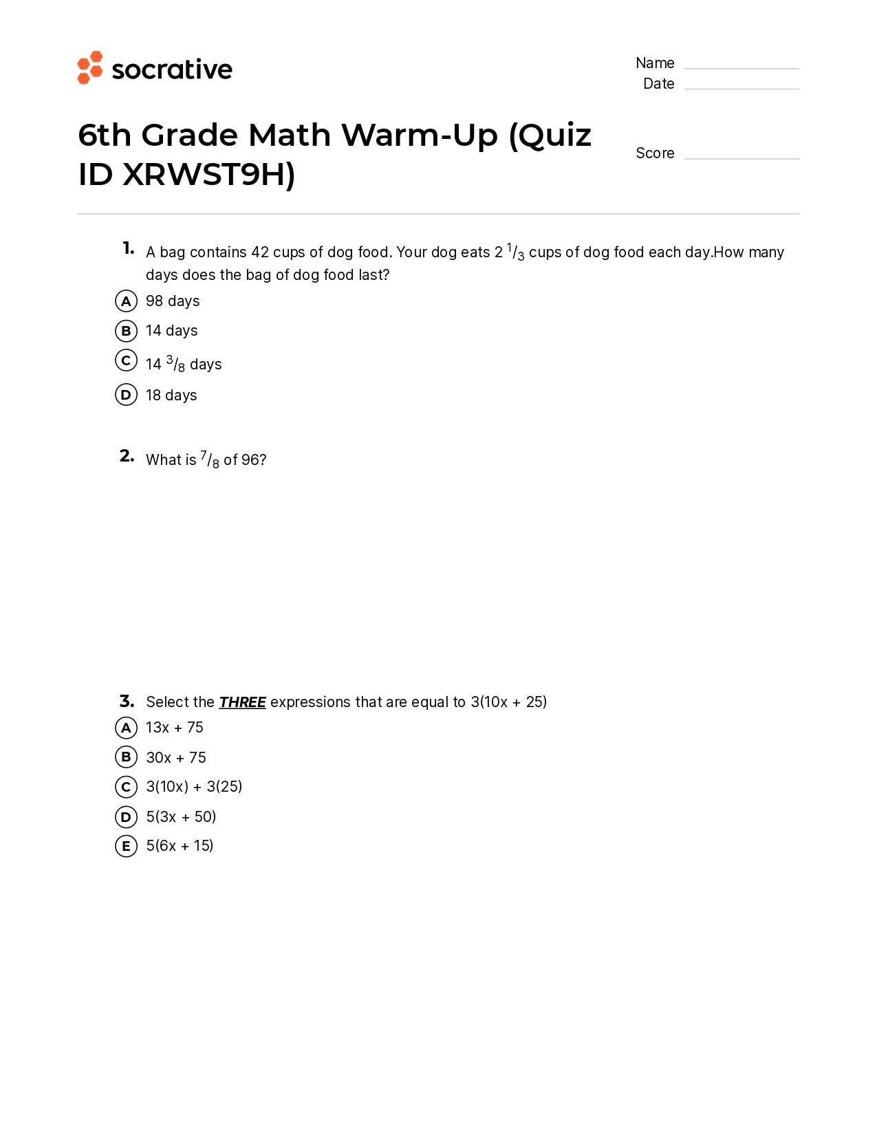 6Th Grade Math Warm-Up