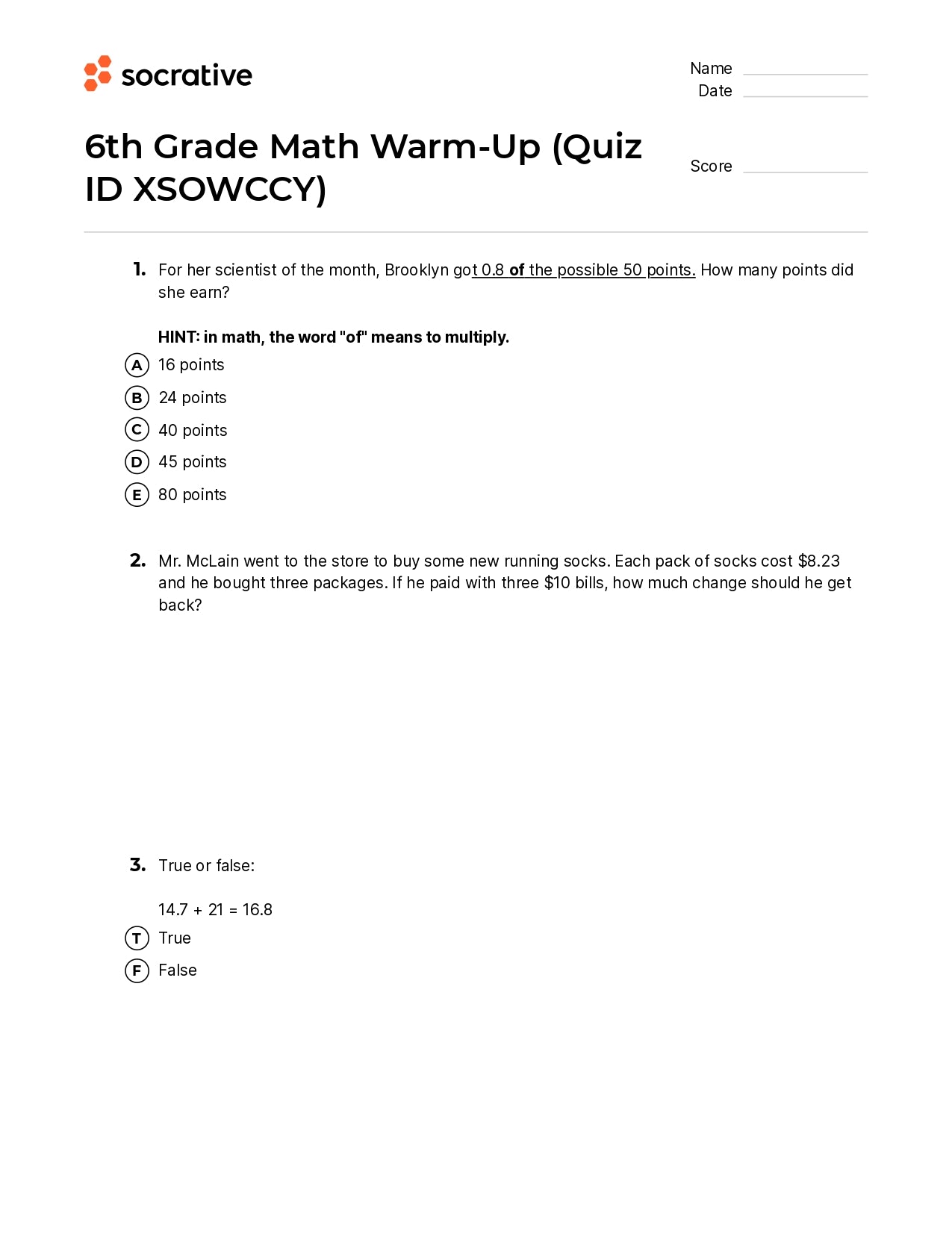6Th Grade Math Warm-Up