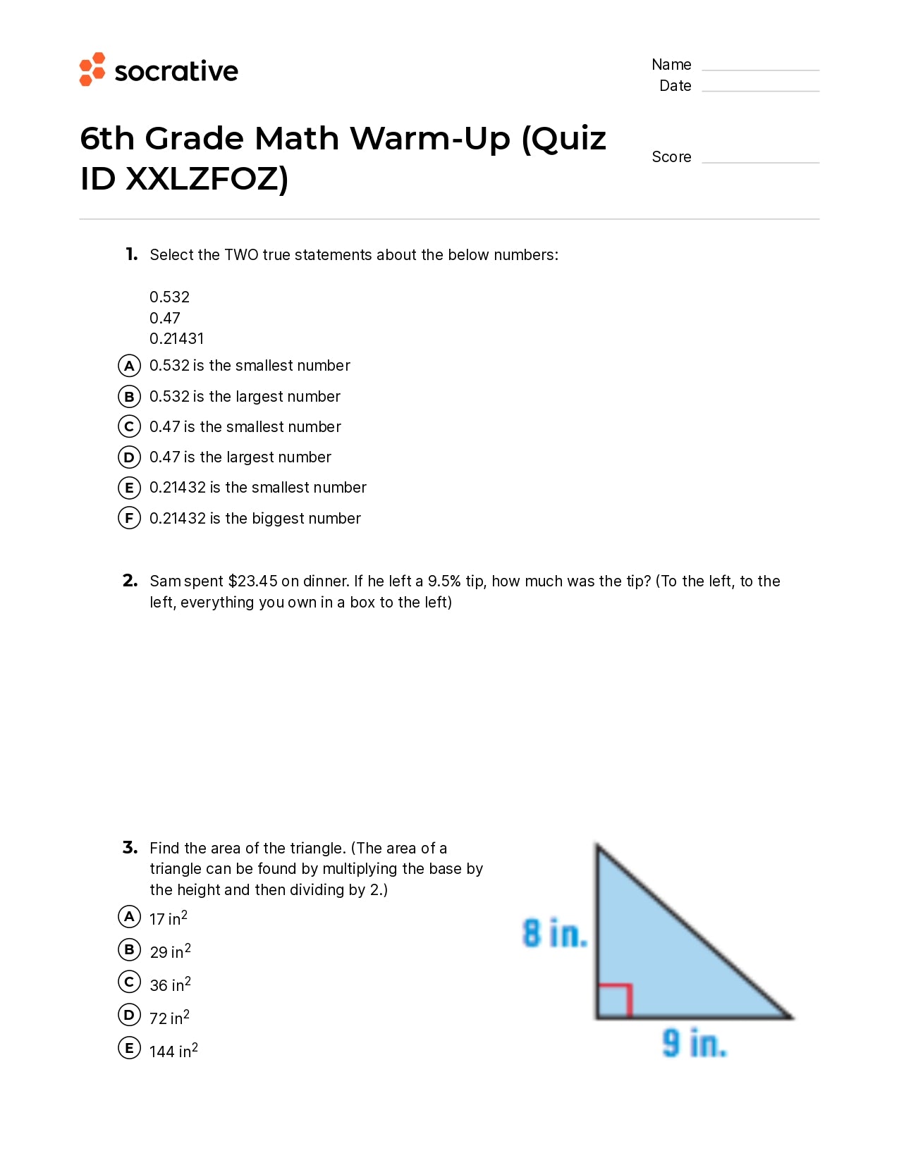 6Th Grade Math Warm-Up
