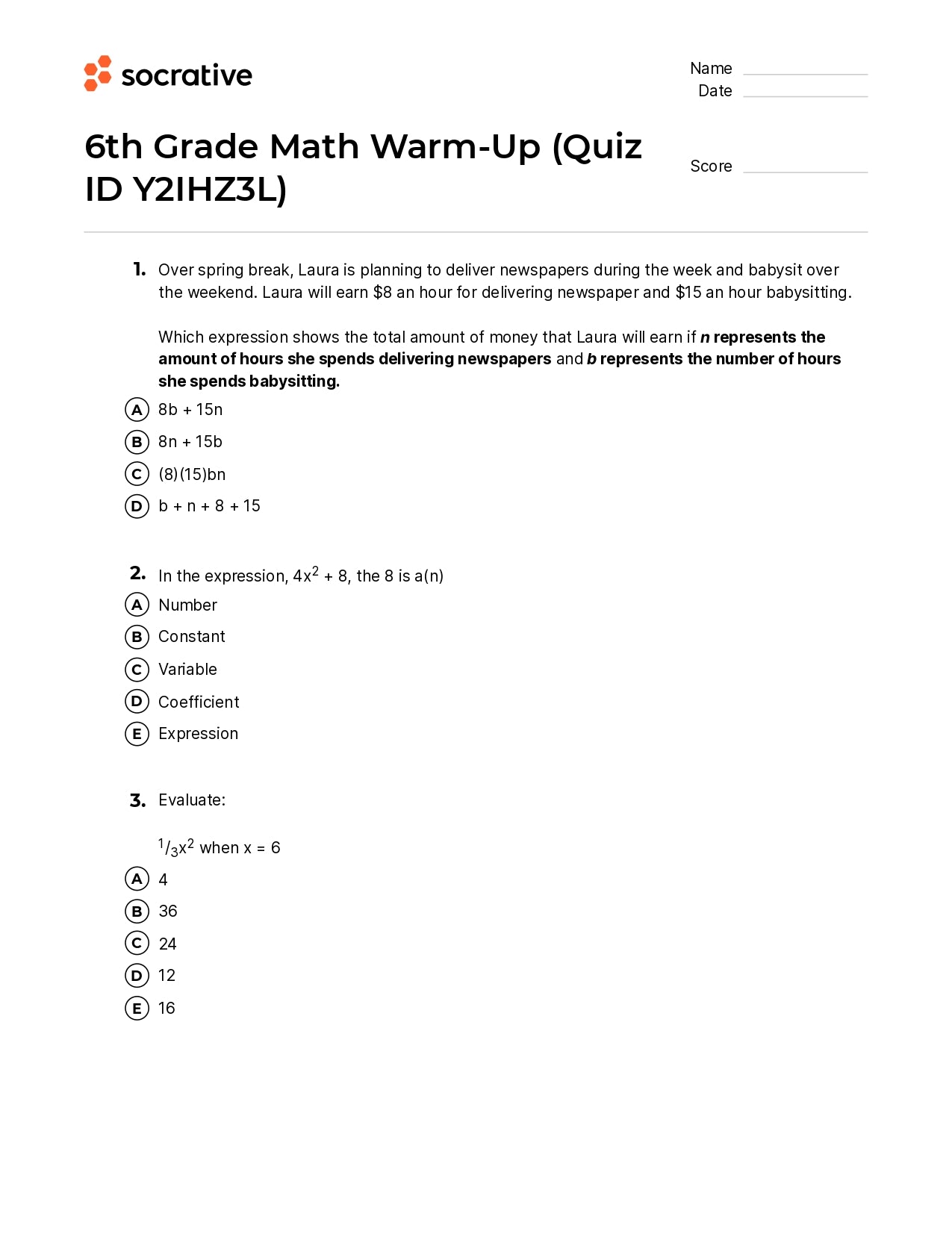 6Th Grade Math Warm-Up