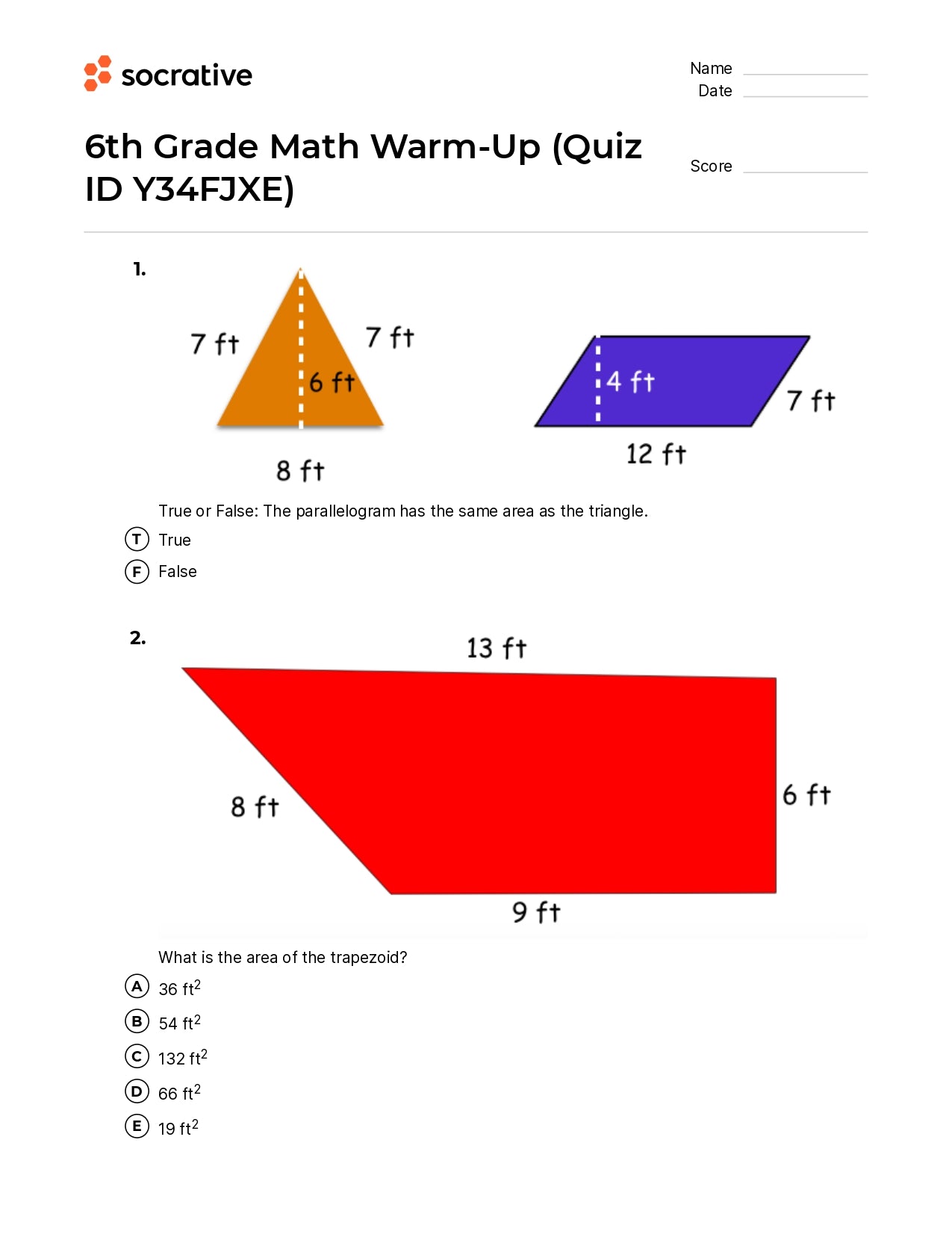 6Th Grade Math Warm-Up