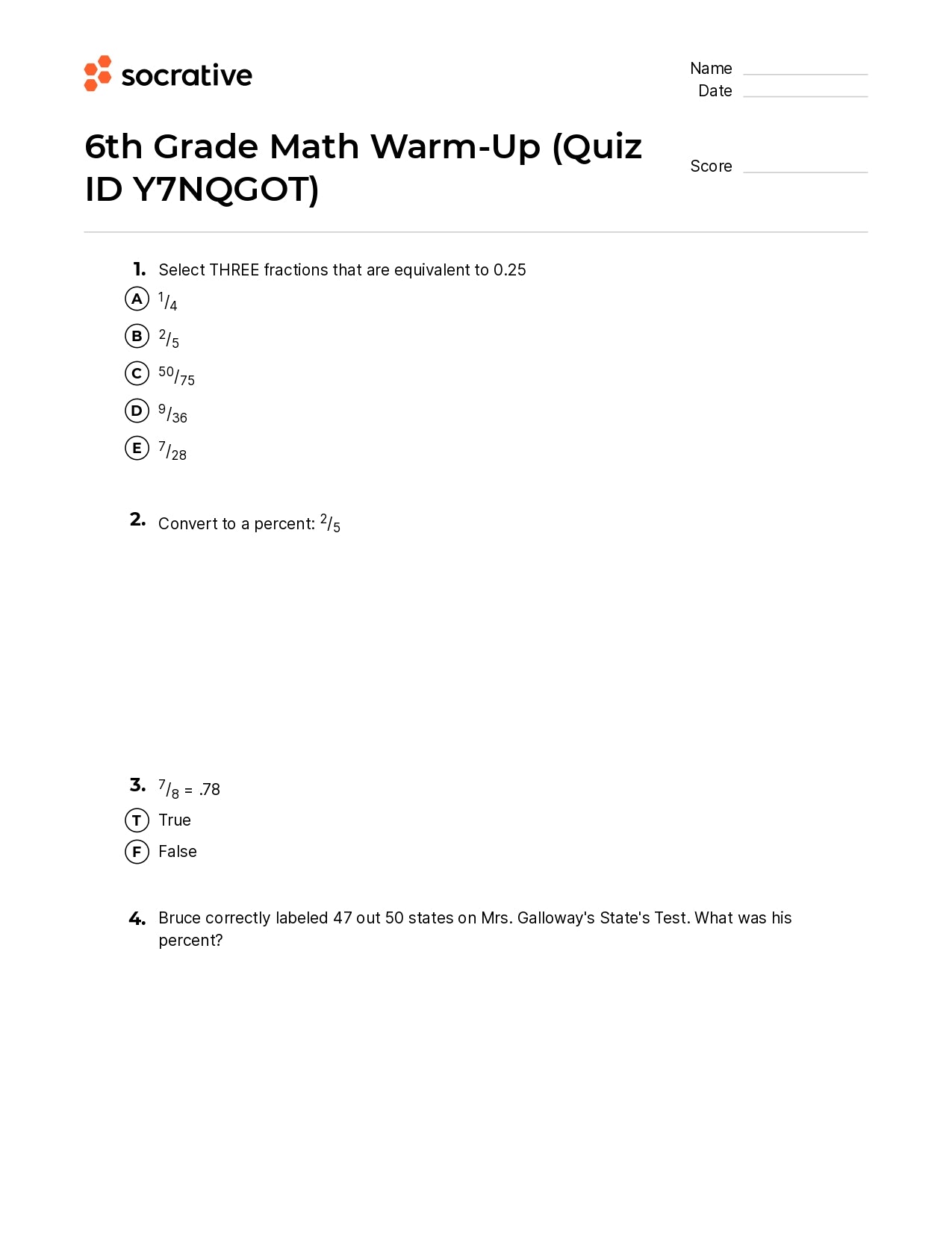 6Th Grade Math Warm-Up