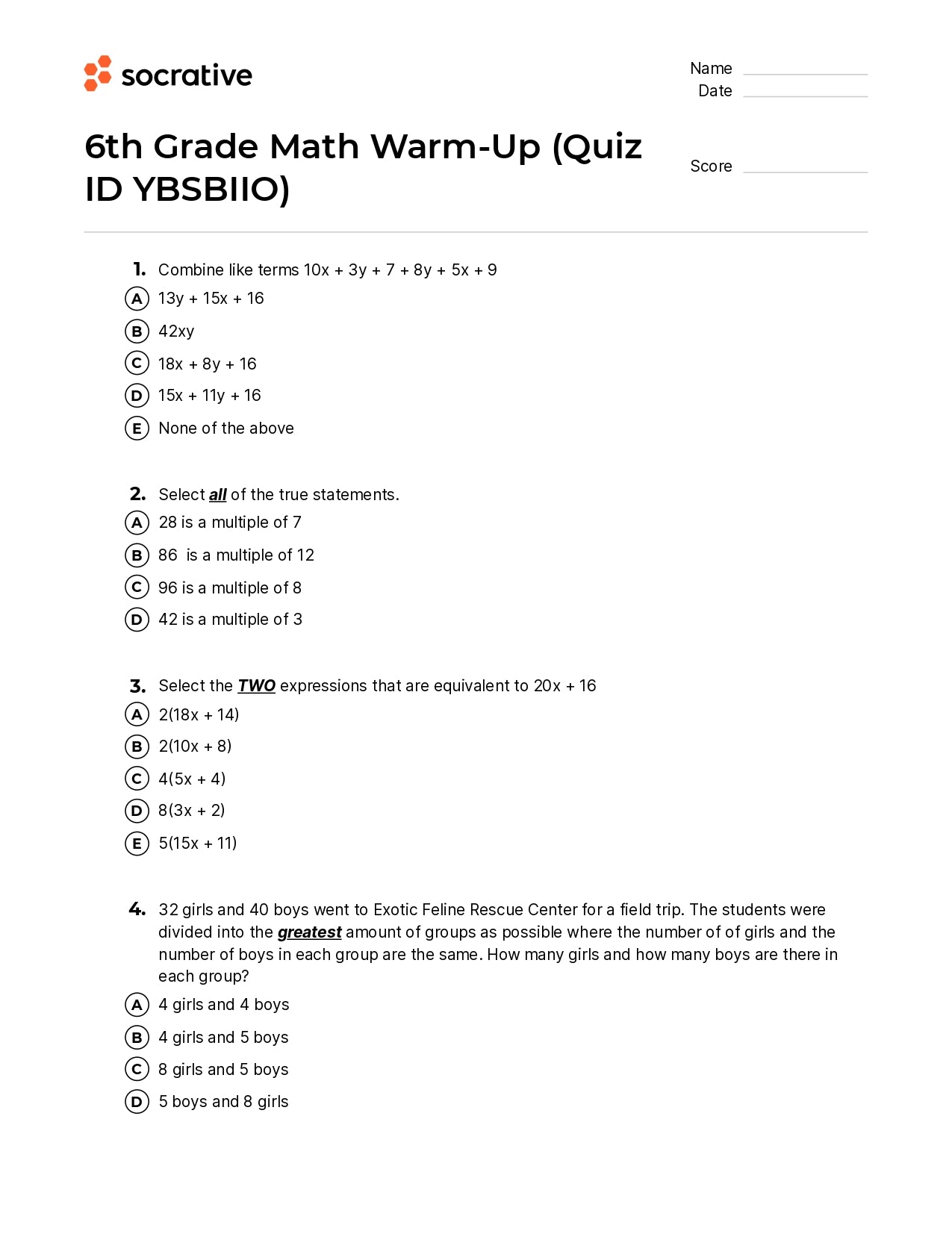 6Th Grade Math Warm-Up