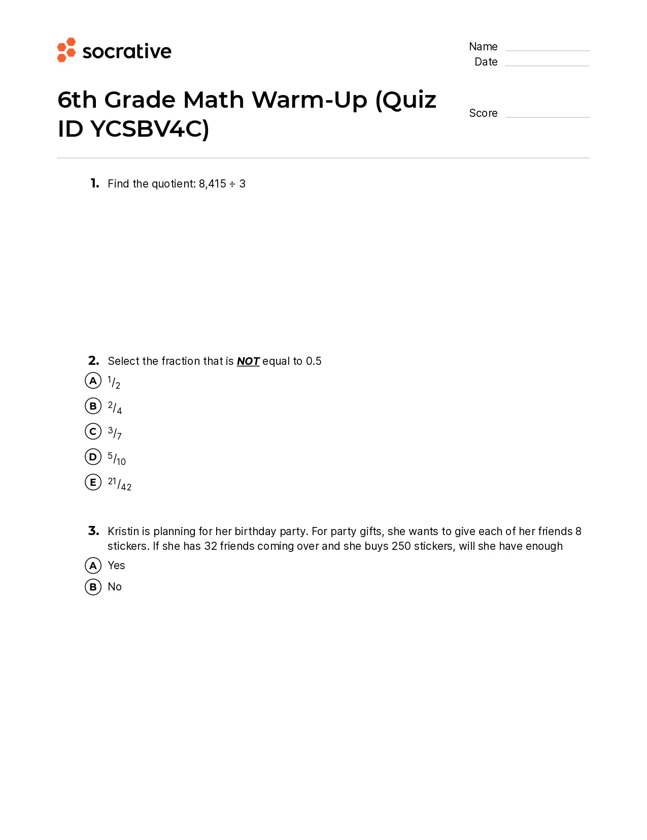 6Th Grade Math Warm-Up