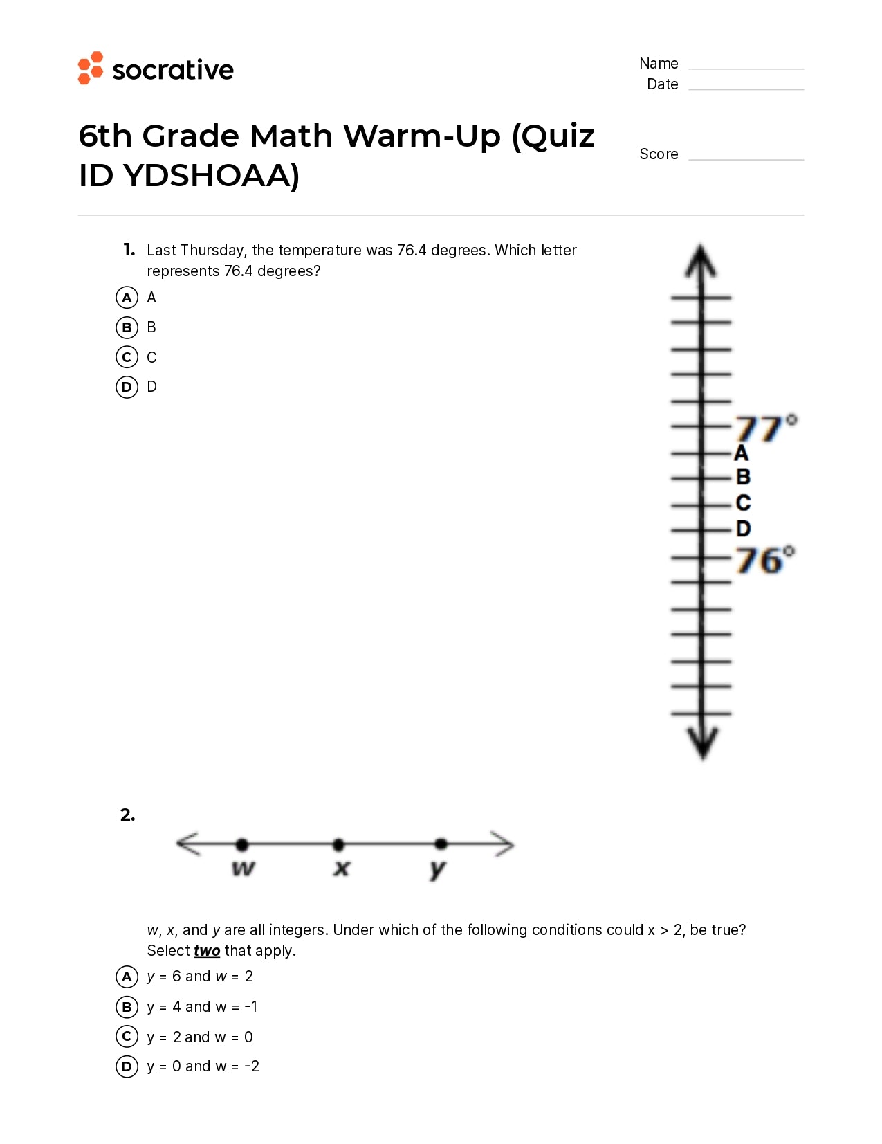 6Th Grade Math Warm-Up