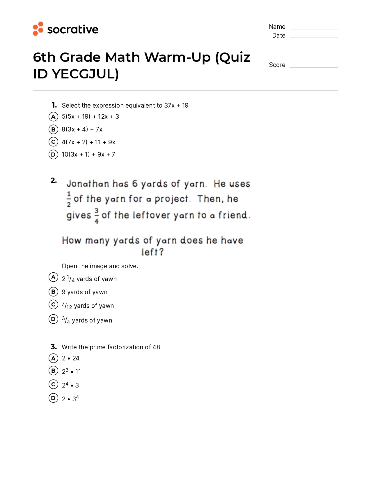 6Th Grade Math Warm-Up