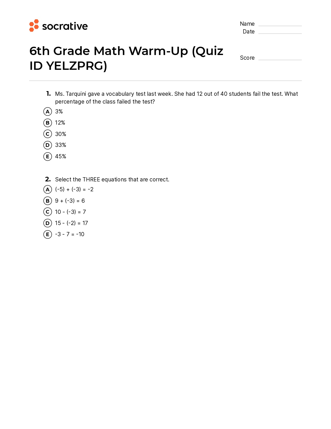 6Th Grade Math Warm-Up
