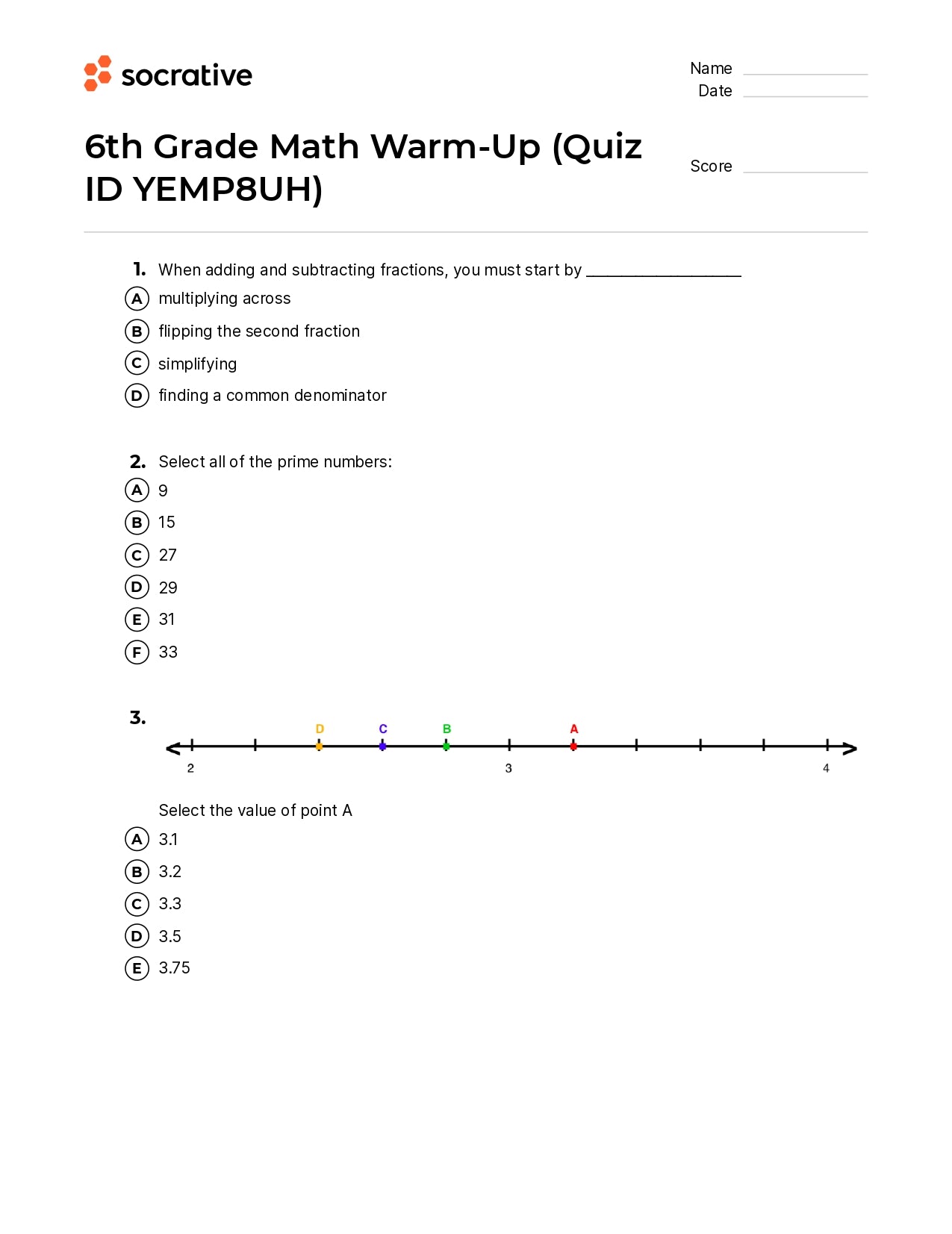6Th Grade Math Warm-Up
