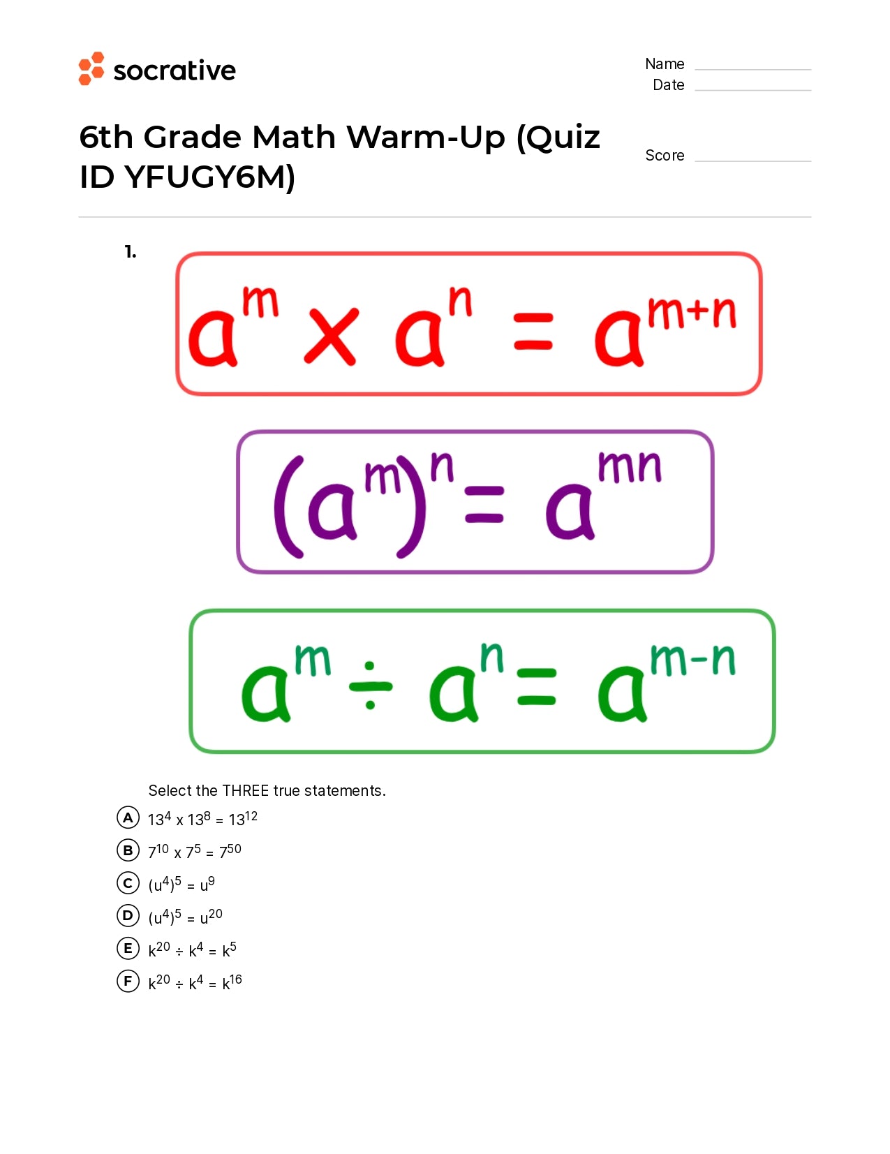 6Th Grade Math Warm-Up