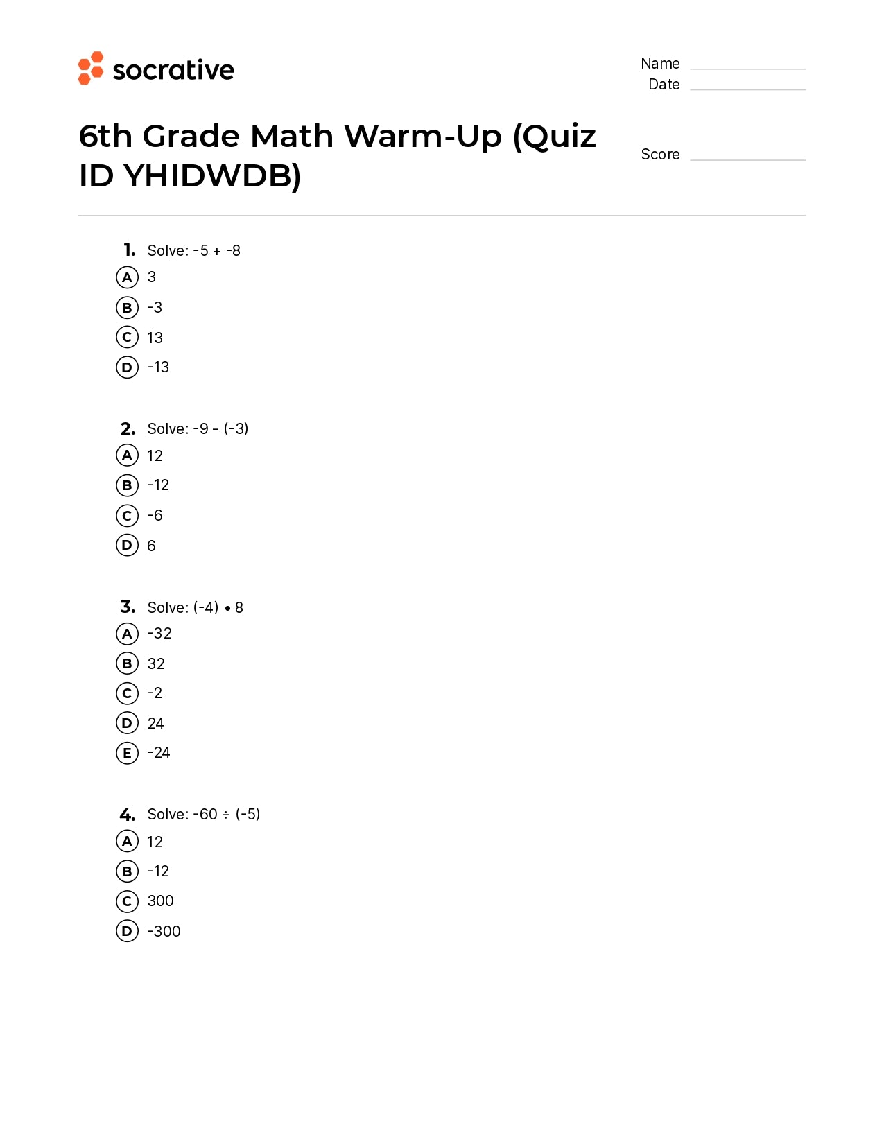 6Th Grade Math Warm-Up