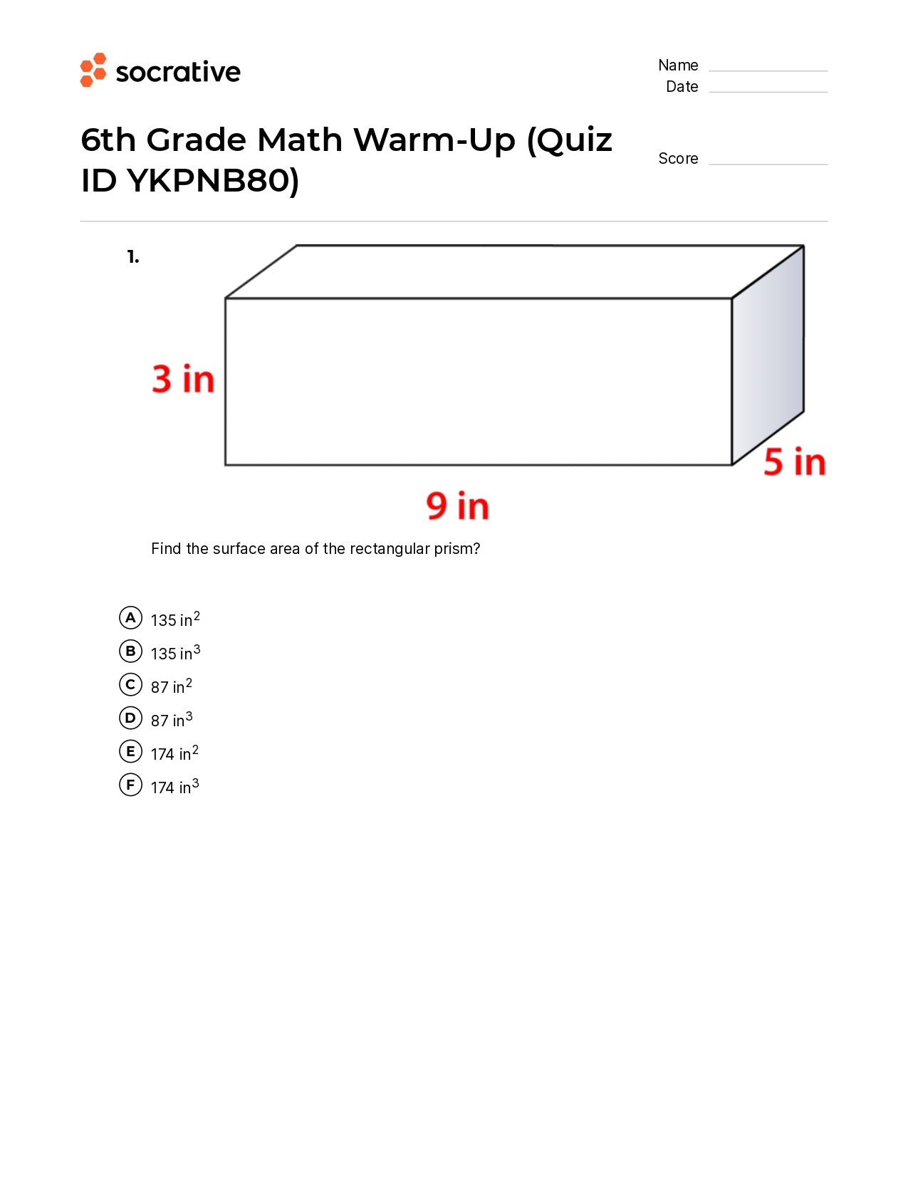 6Th Grade Math Warm-Up