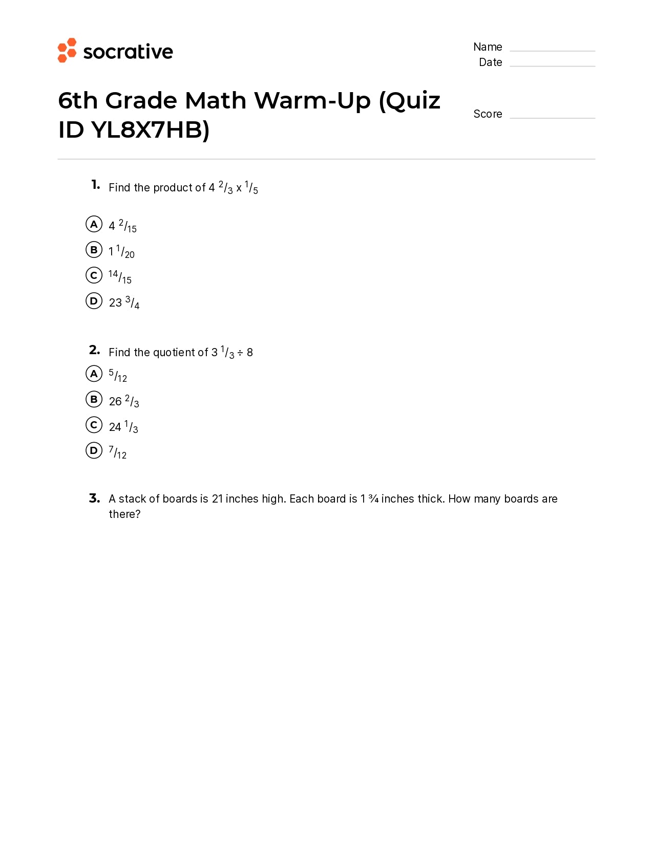 6Th Grade Math Warm-Up