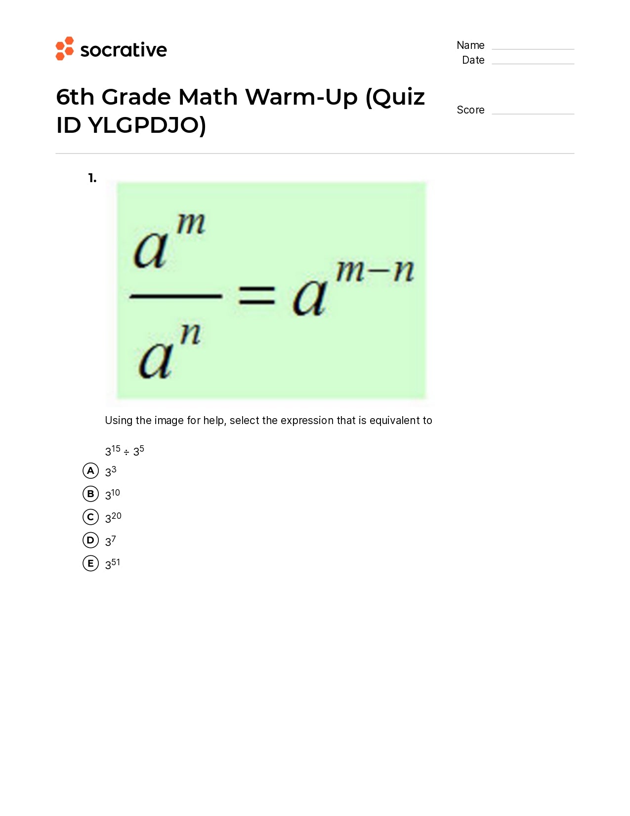 6Th Grade Math Warm-Up