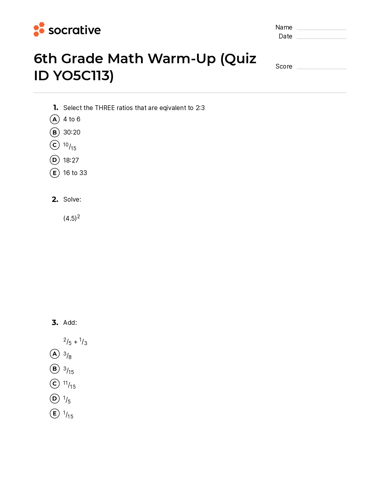 6Th Grade Math Warm-Up