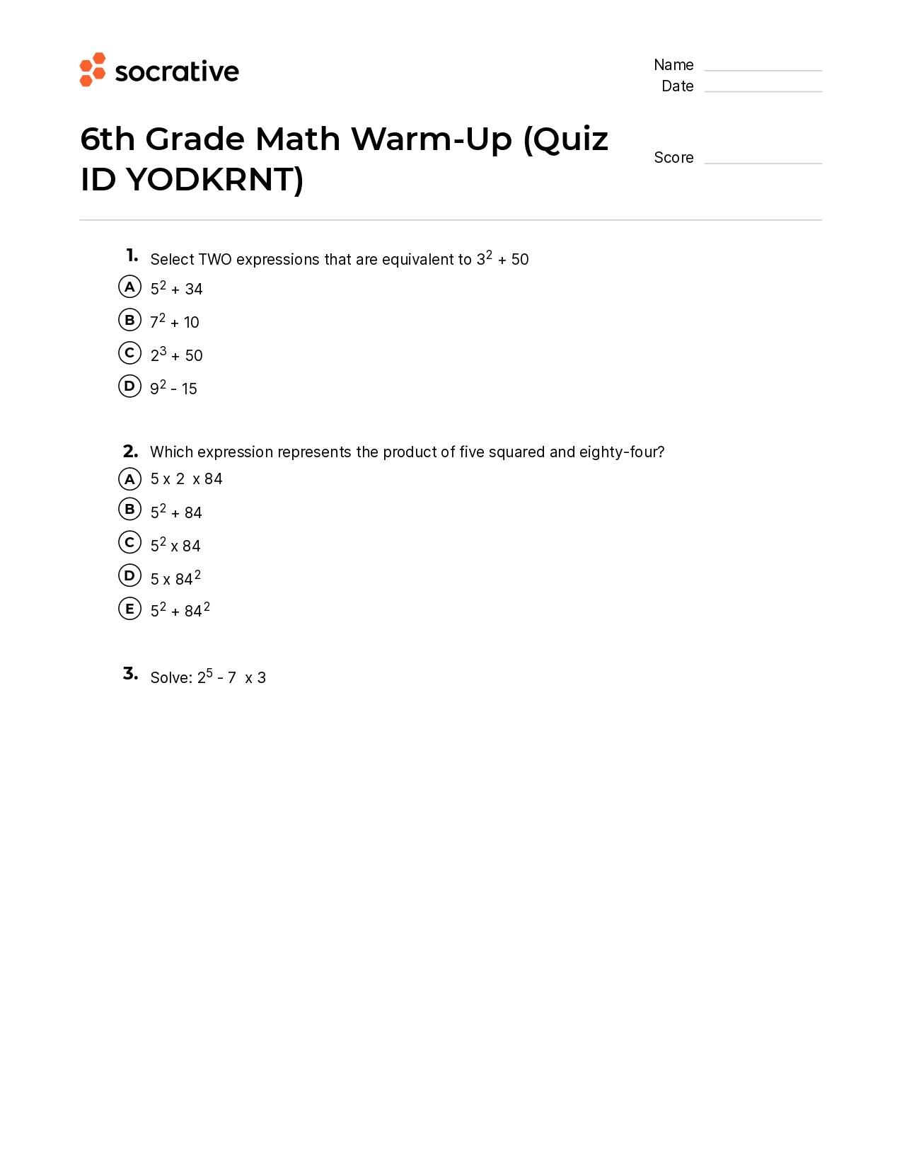 6Th Grade Math Warm-Up