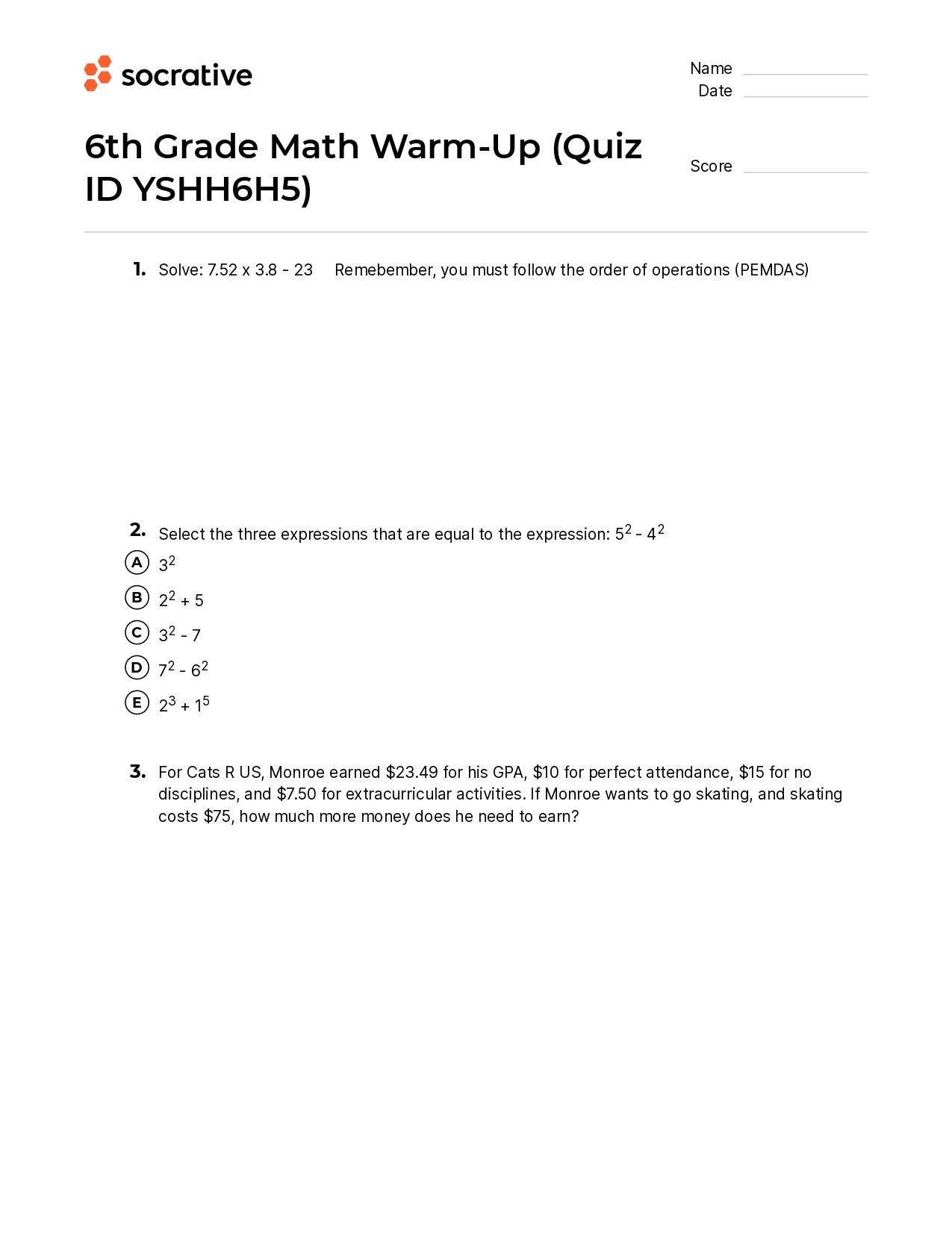 6Th Grade Math Warm-Up