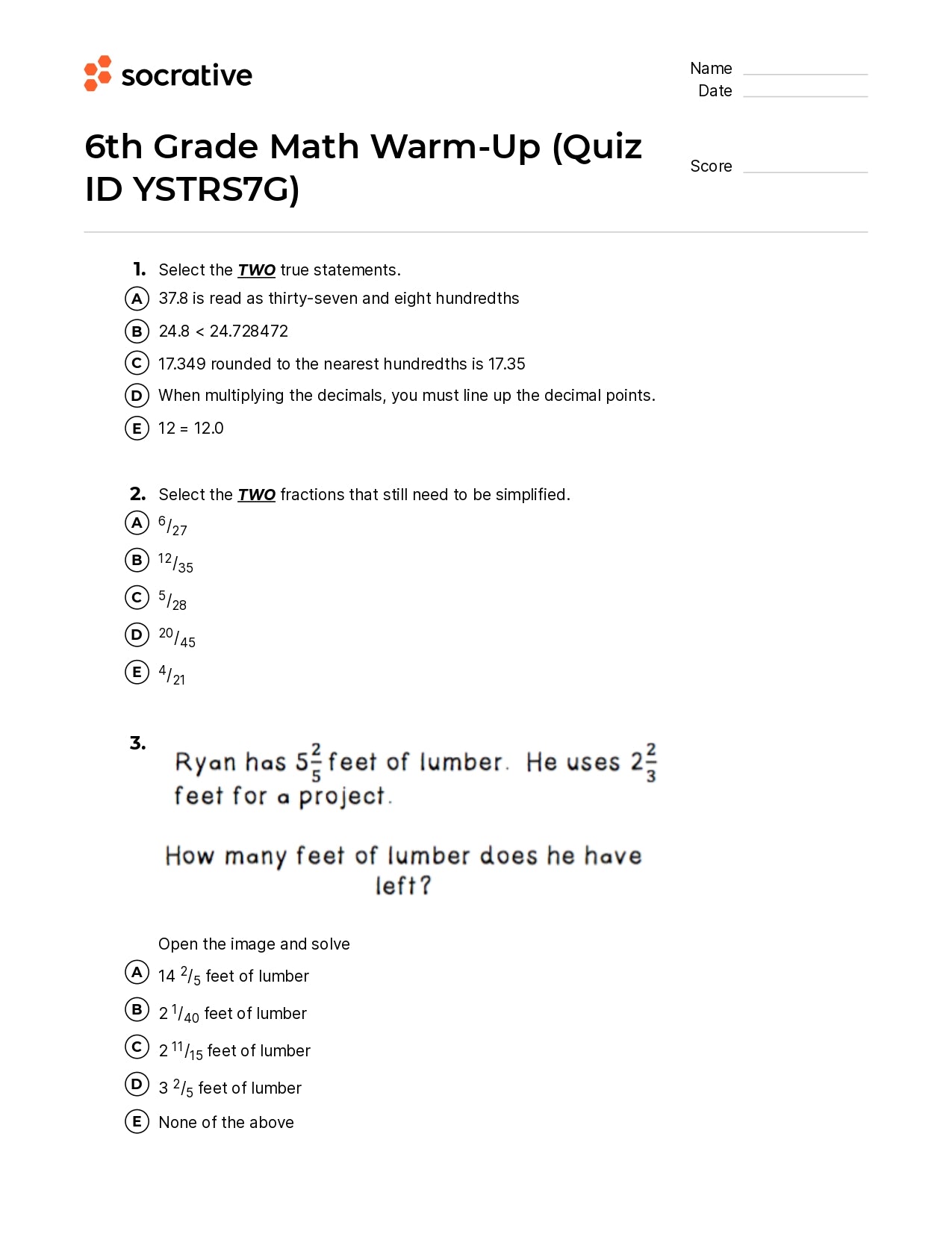 6Th Grade Math Warm-Up