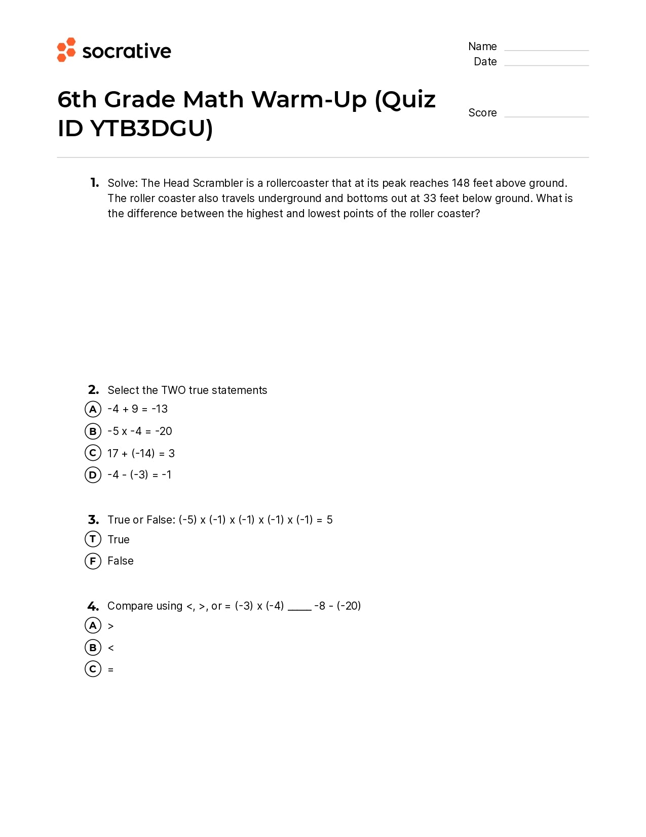 6Th Grade Math Warm-Up