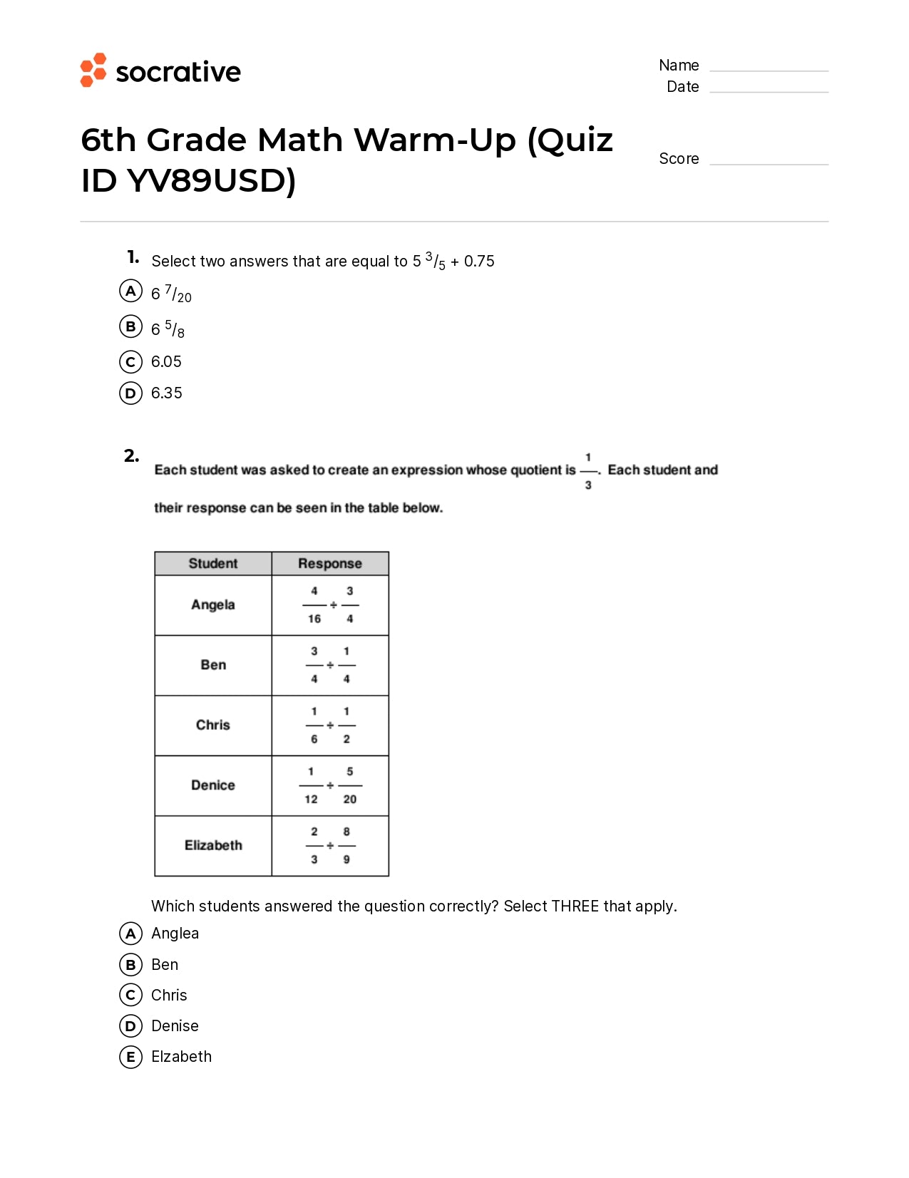 6Th Grade Math Warm-Up