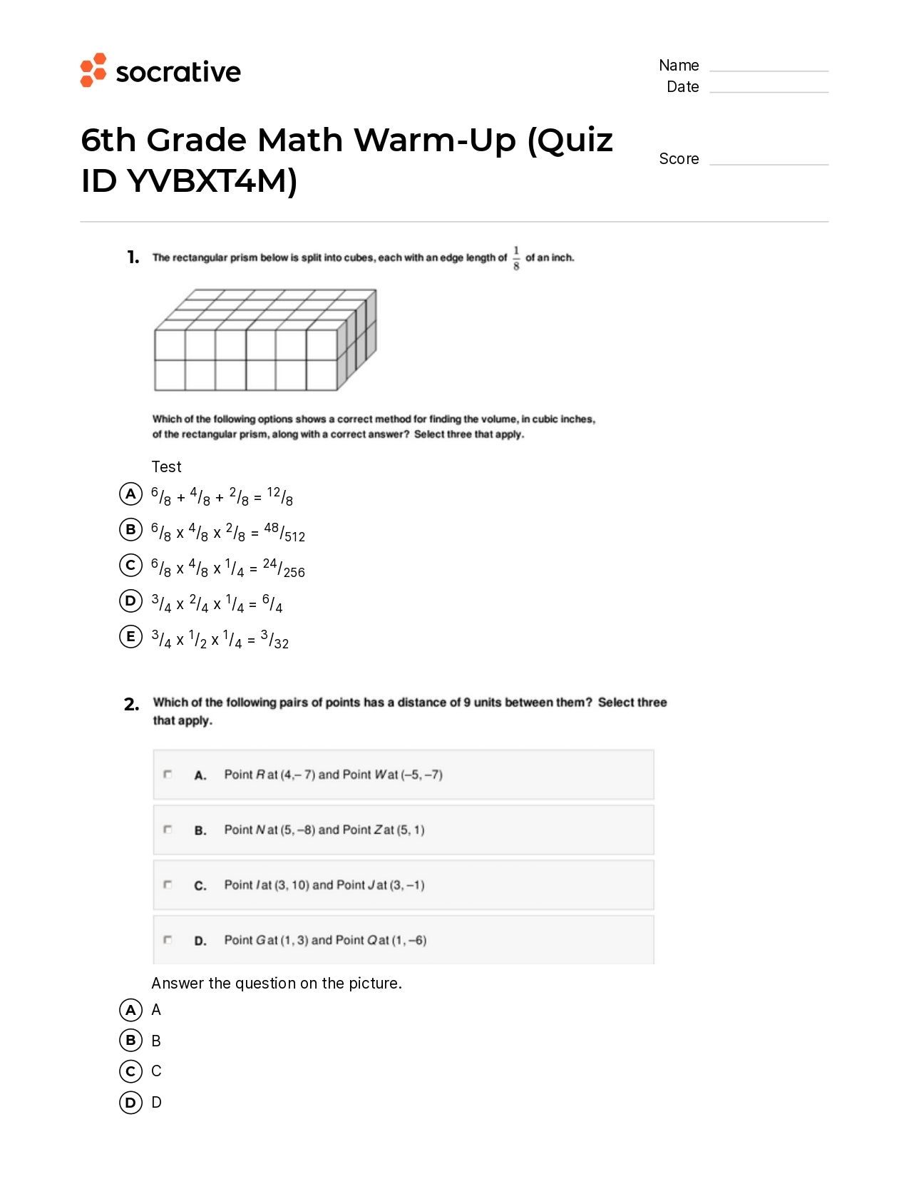 6Th Grade Math Warm-Up