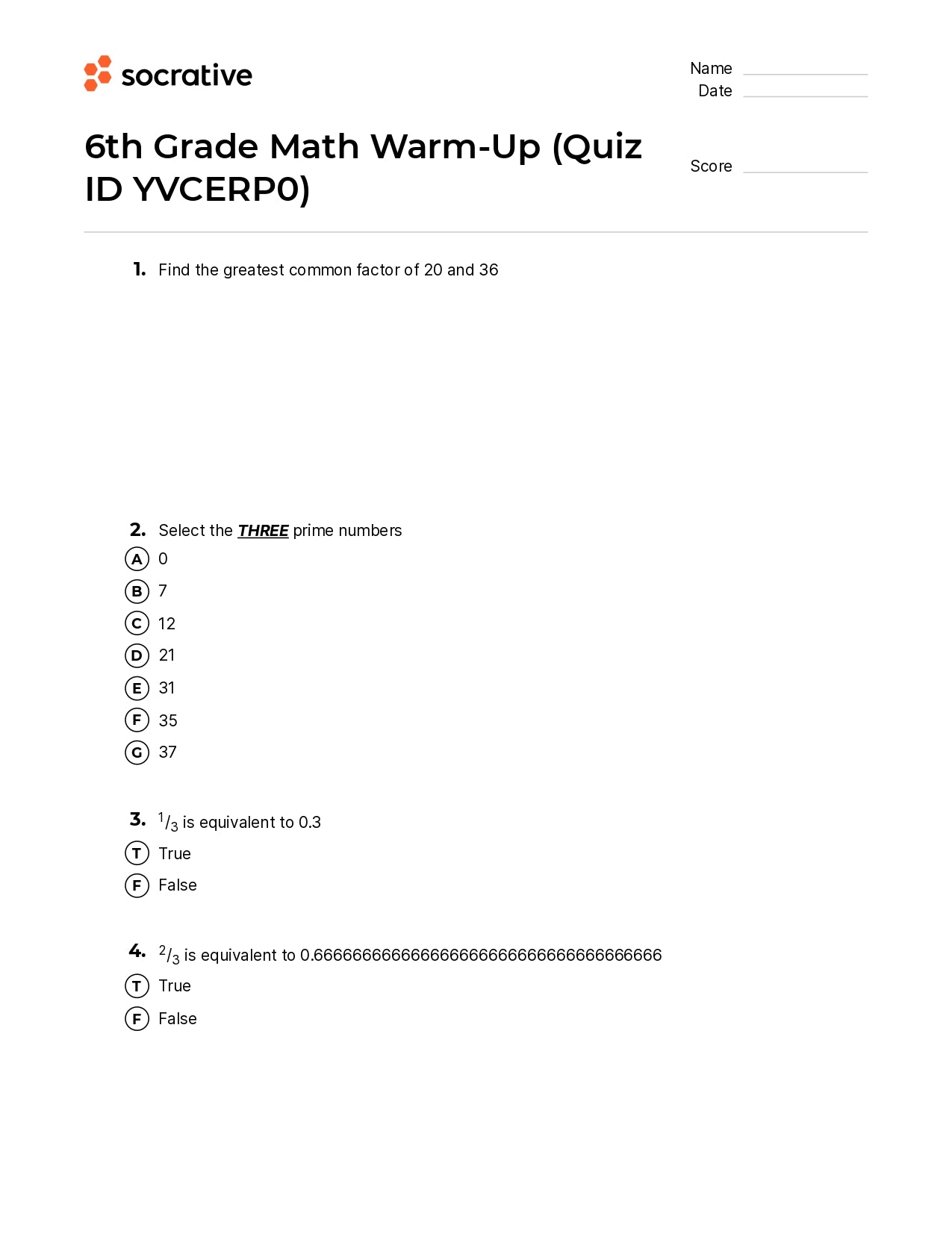 6Th Grade Math Warm-Up