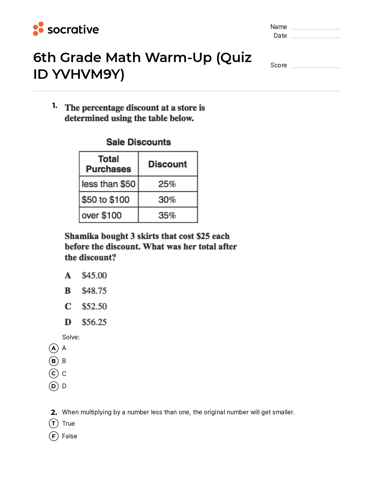 6Th Grade Math Warm-Up