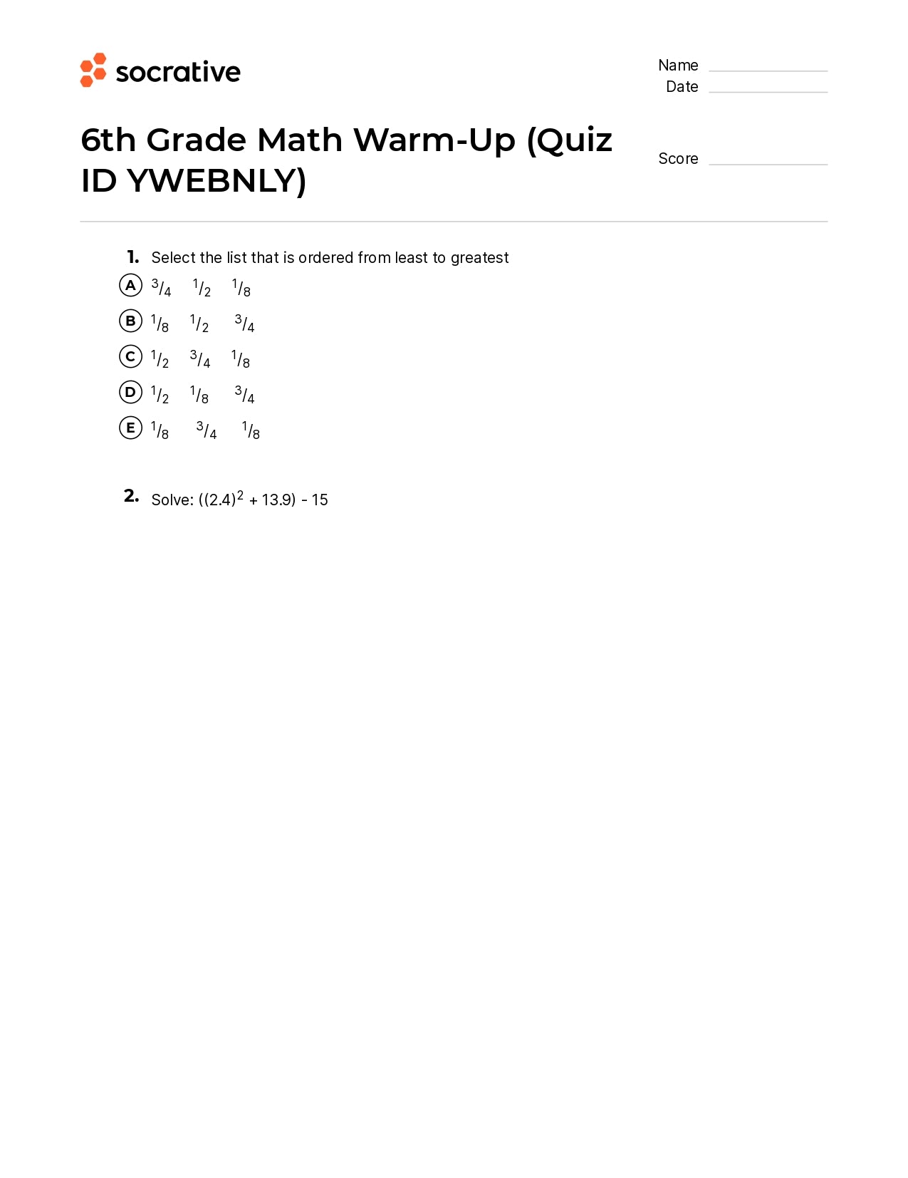 6Th Grade Math Warm-Up