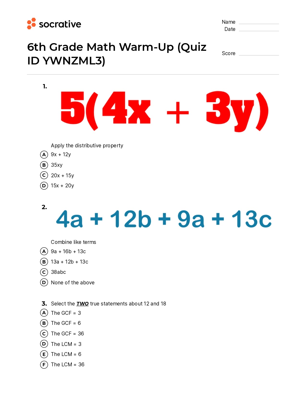 6Th Grade Math Warm-Up