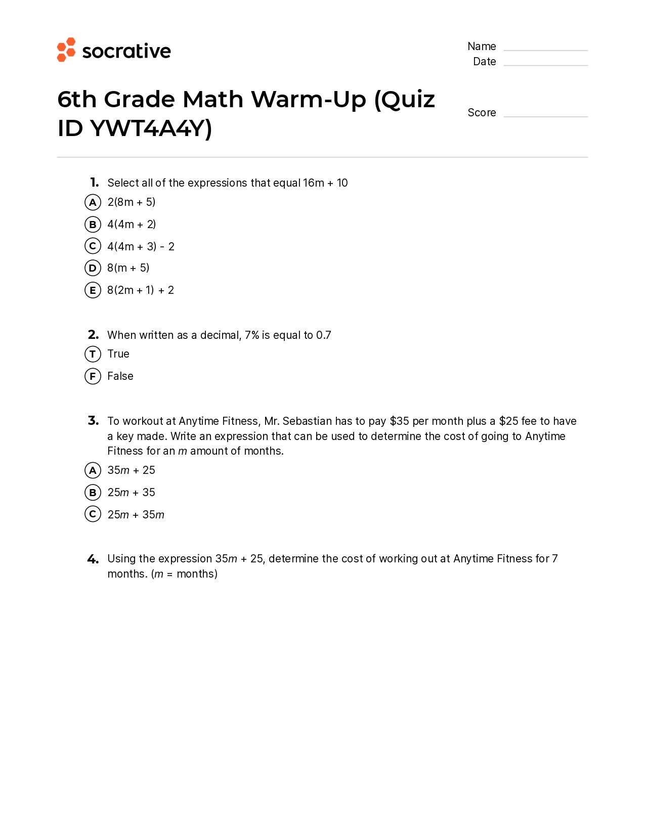 6Th Grade Math Warm-Up