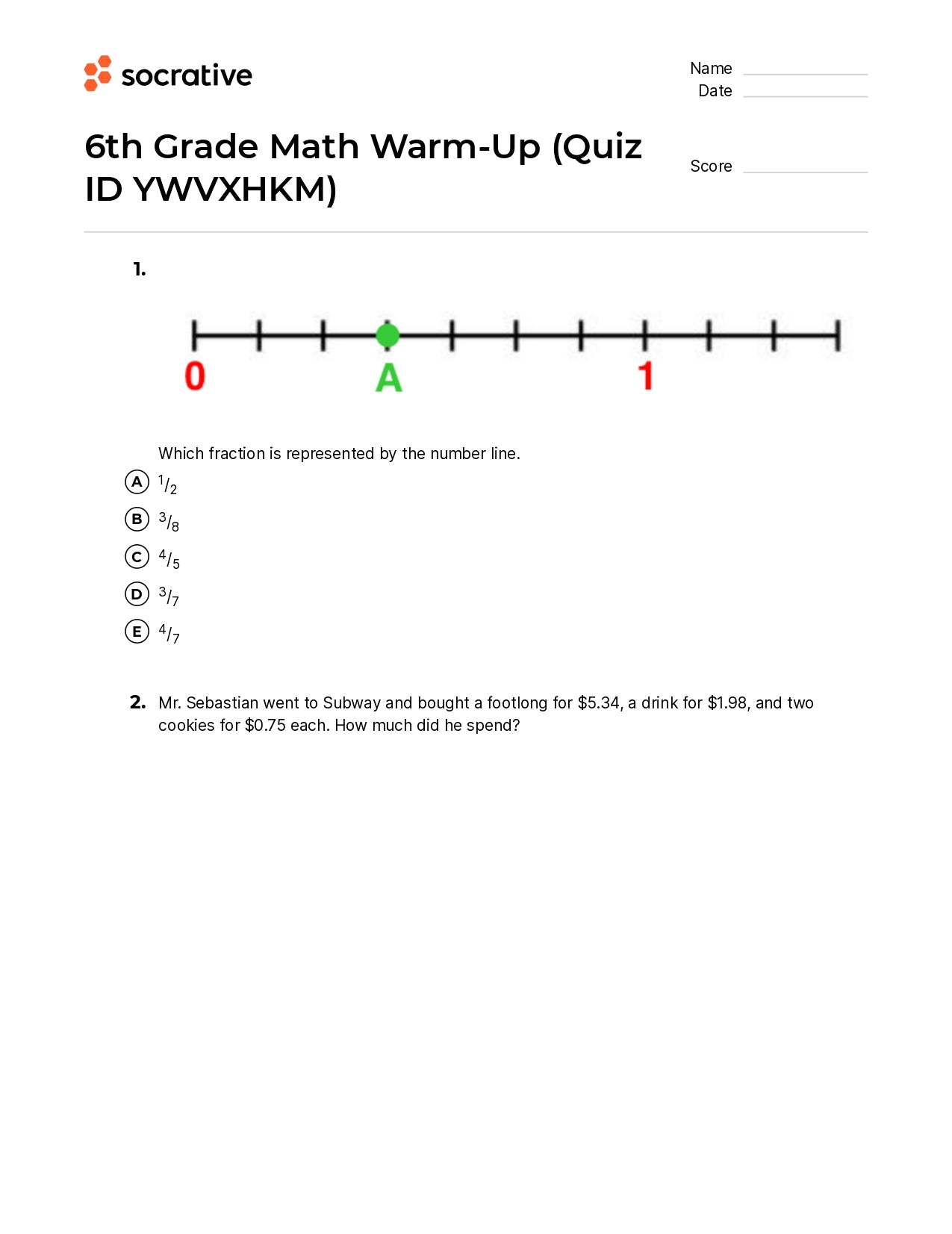 6Th Grade Math Warm-Up