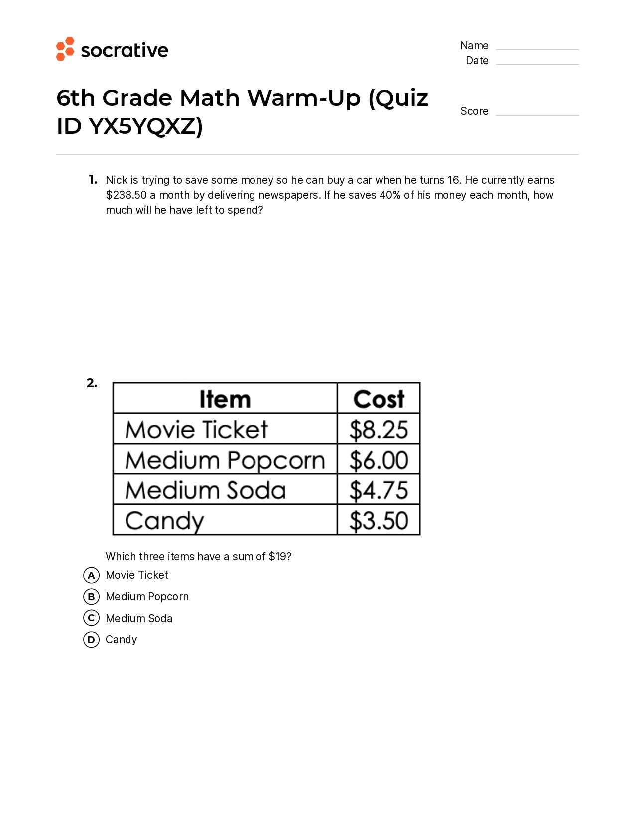 6Th Grade Math Warm-Up