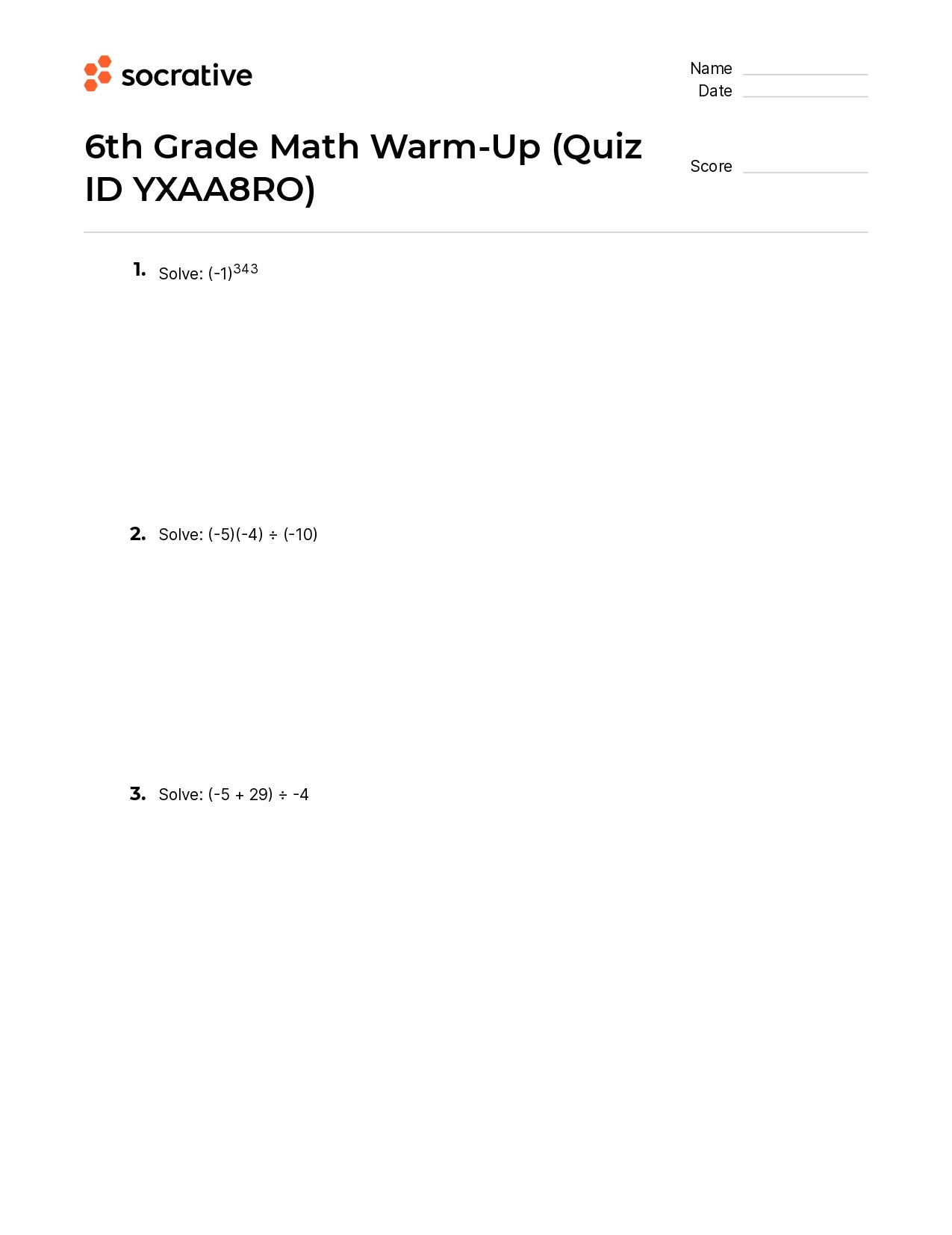 6Th Grade Math Warm-Up