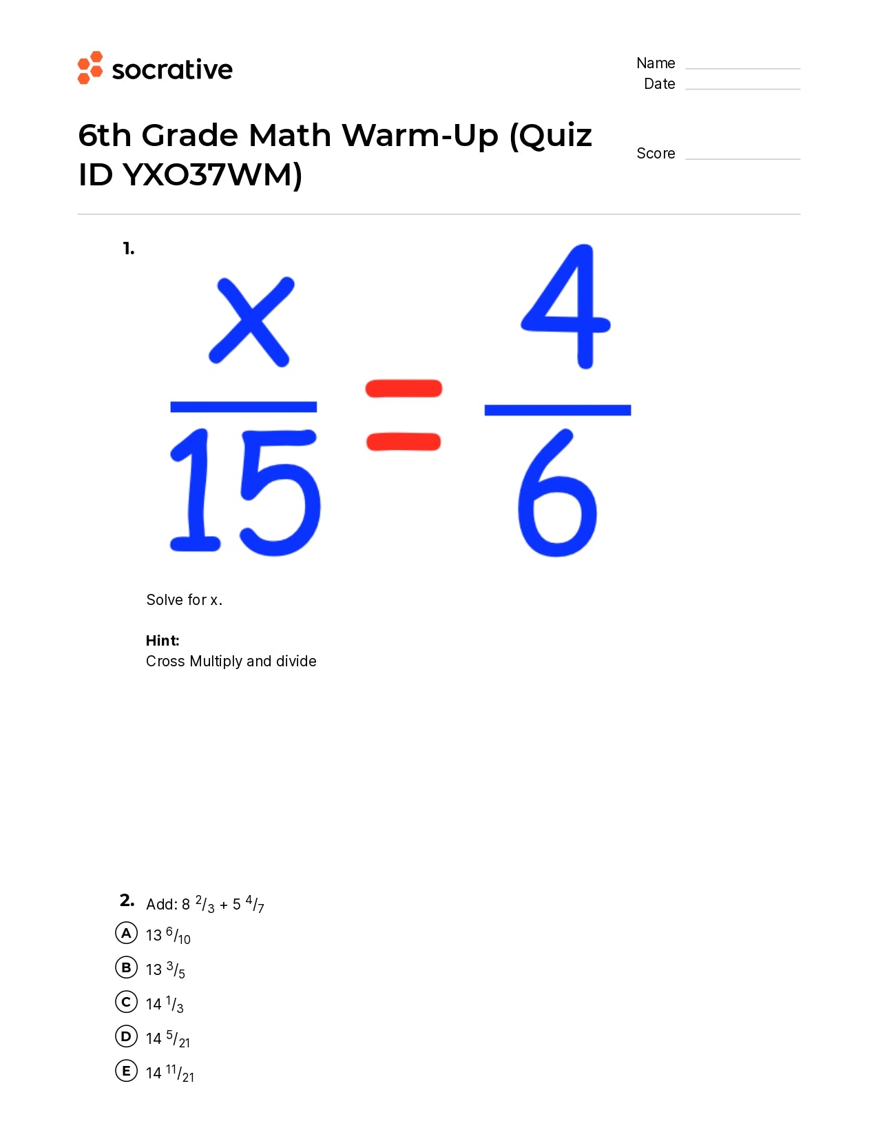 6Th Grade Math Warm-Up