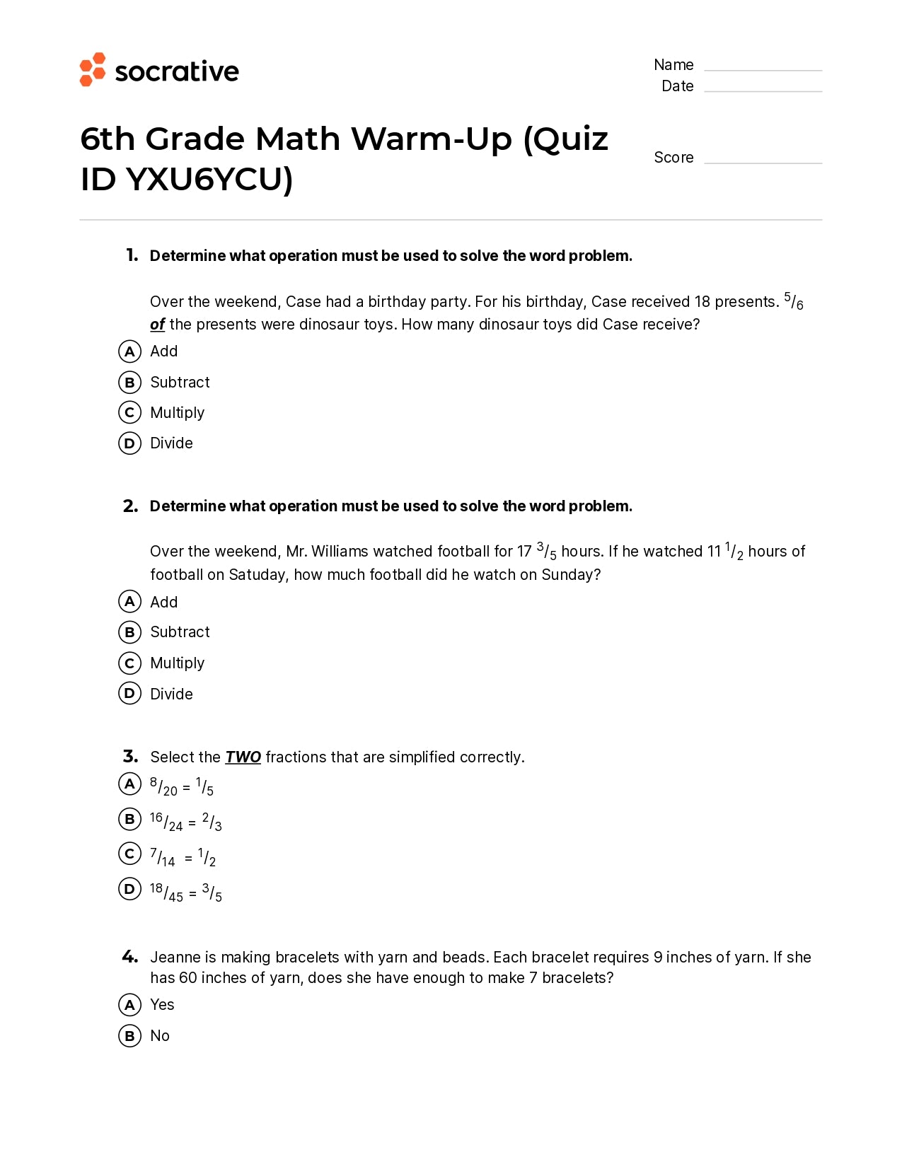 6Th Grade Math Warm-Up