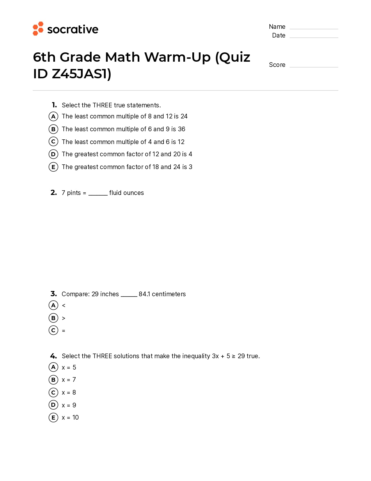 6Th Grade Math Warm-Up
