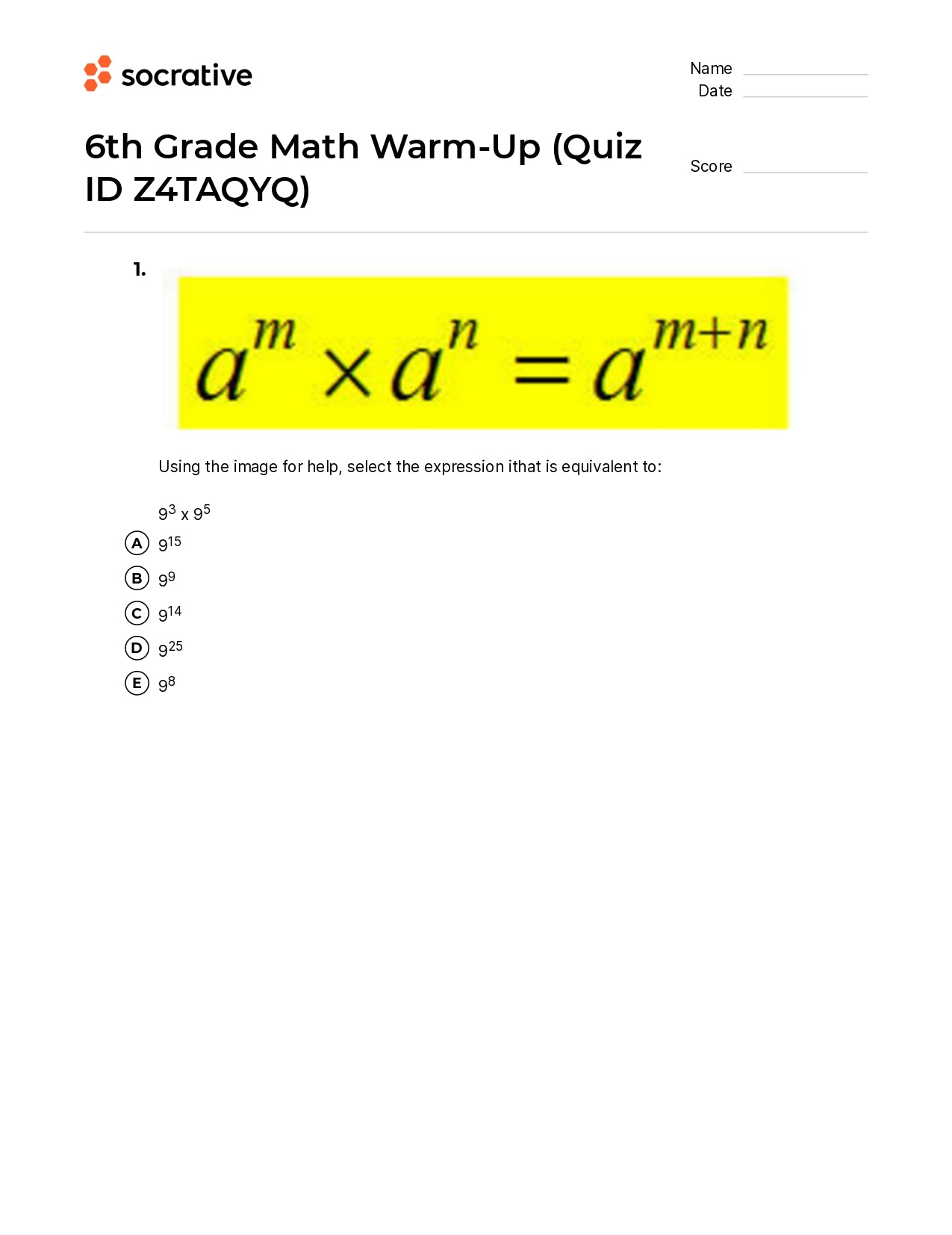 6Th Grade Math Warm-Up