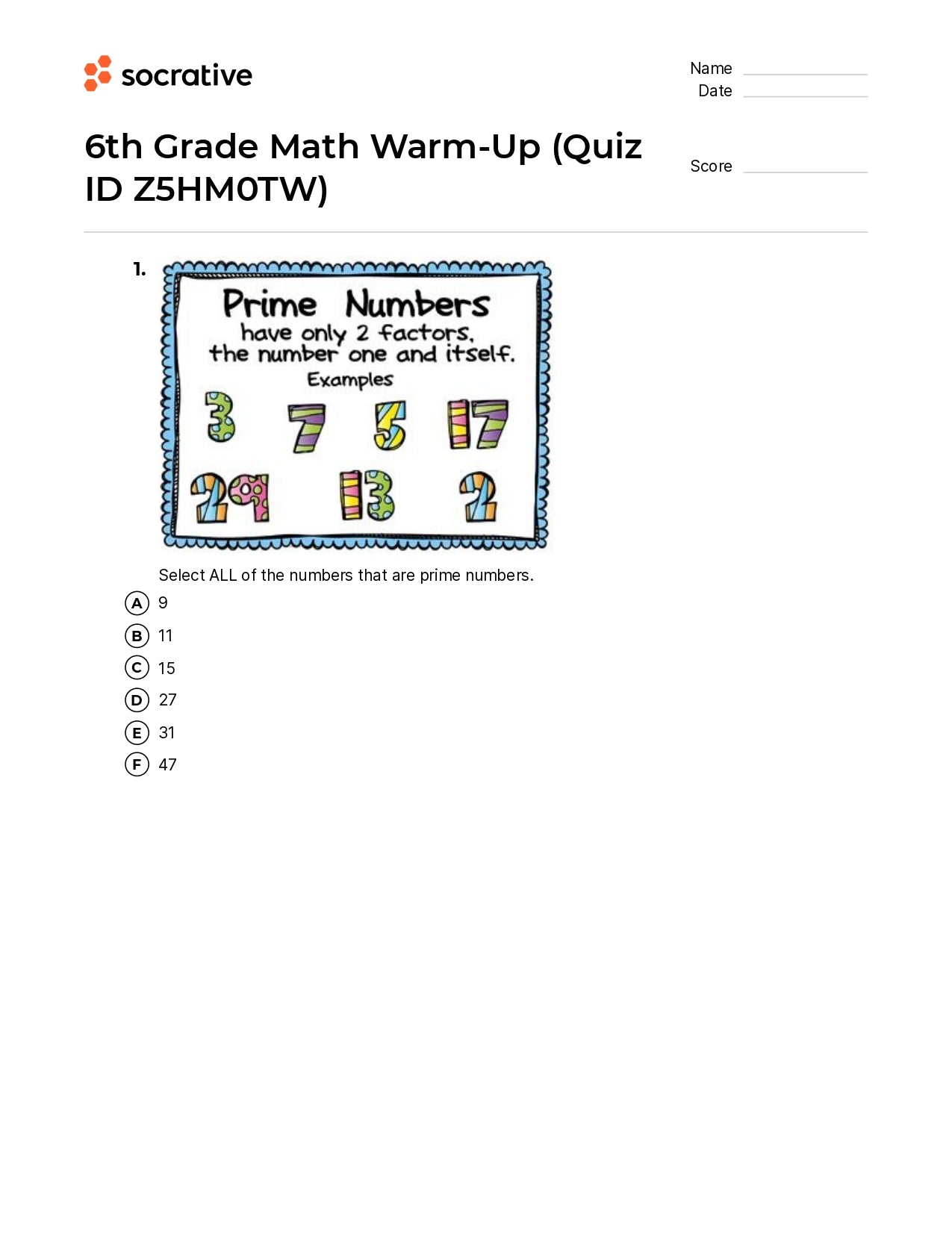 6Th Grade Math Warm-Up