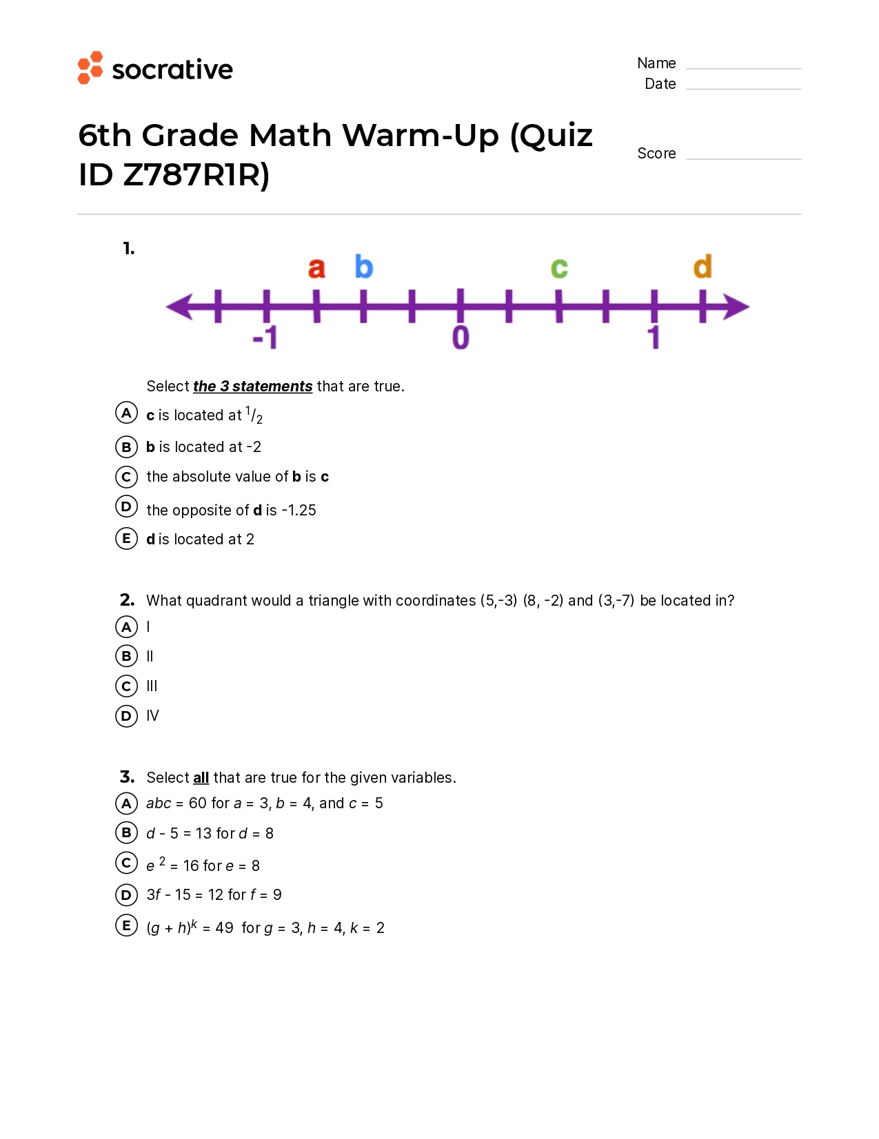 6Th Grade Math Warm-Up