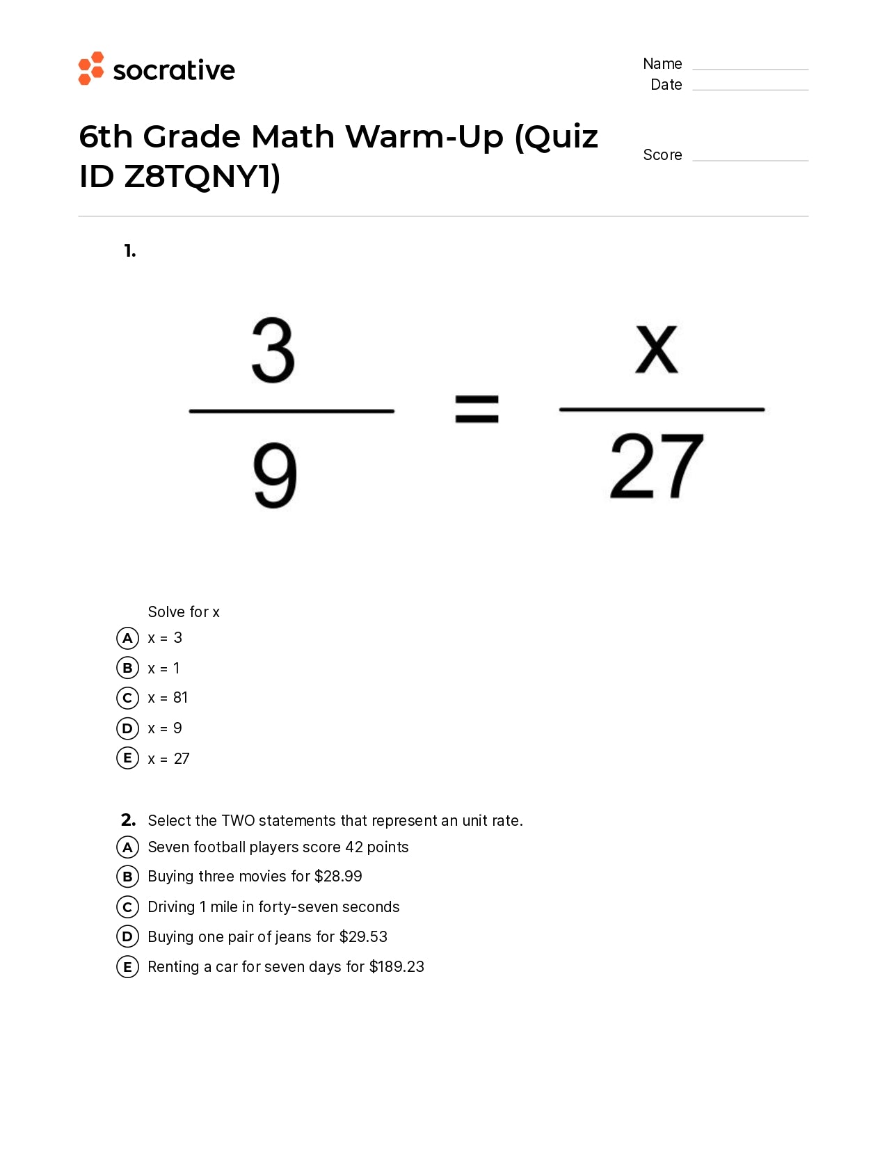 6Th Grade Math Warm-Up