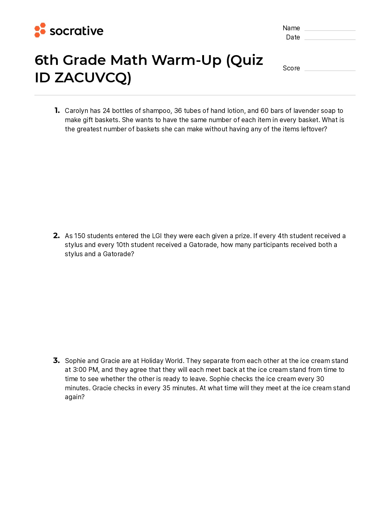 6Th Grade Math Warm-Up