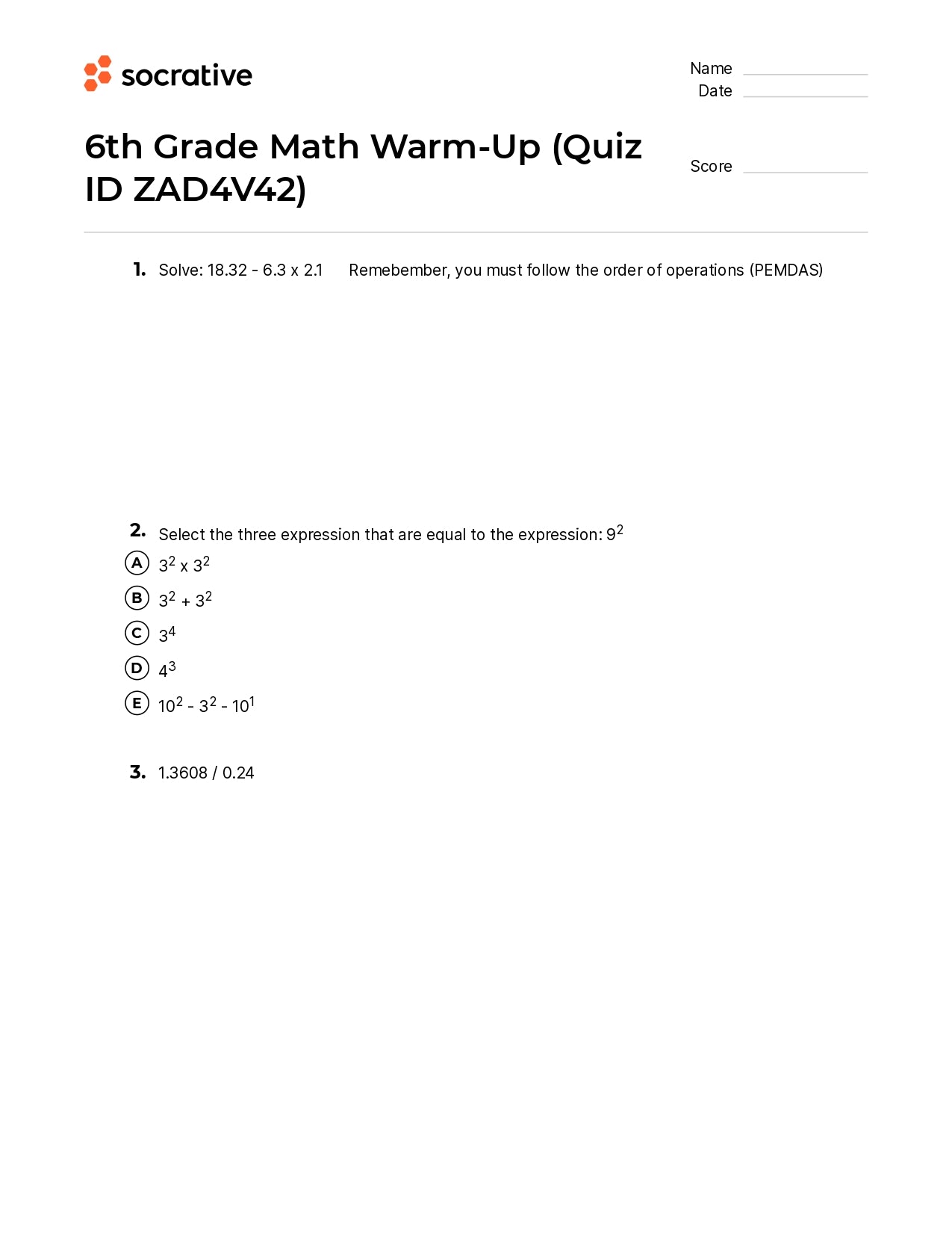 6Th Grade Math Warm-Up