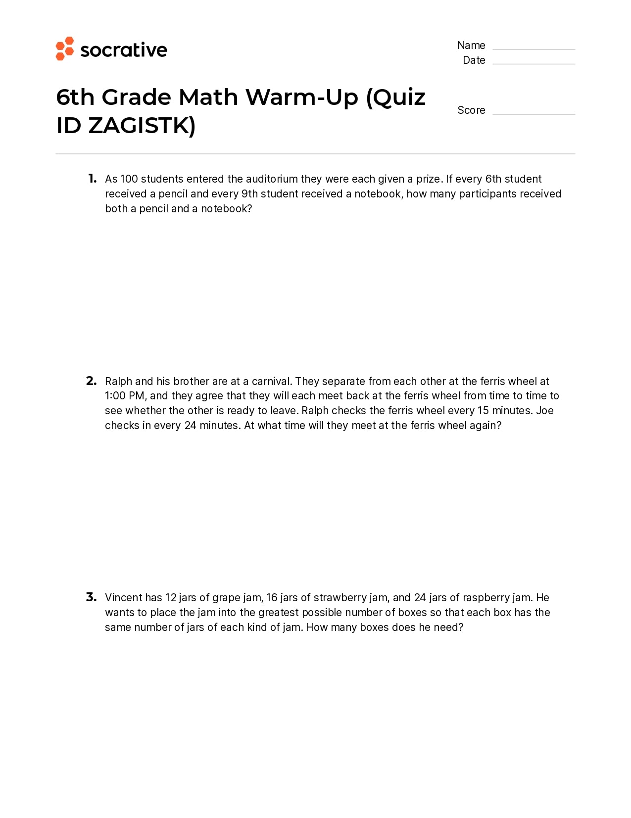 6Th Grade Math Warm-Up