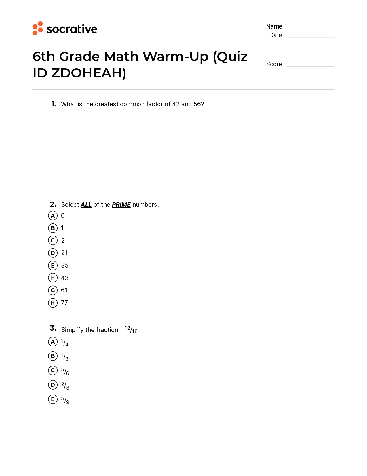 6Th Grade Math Warm-Up