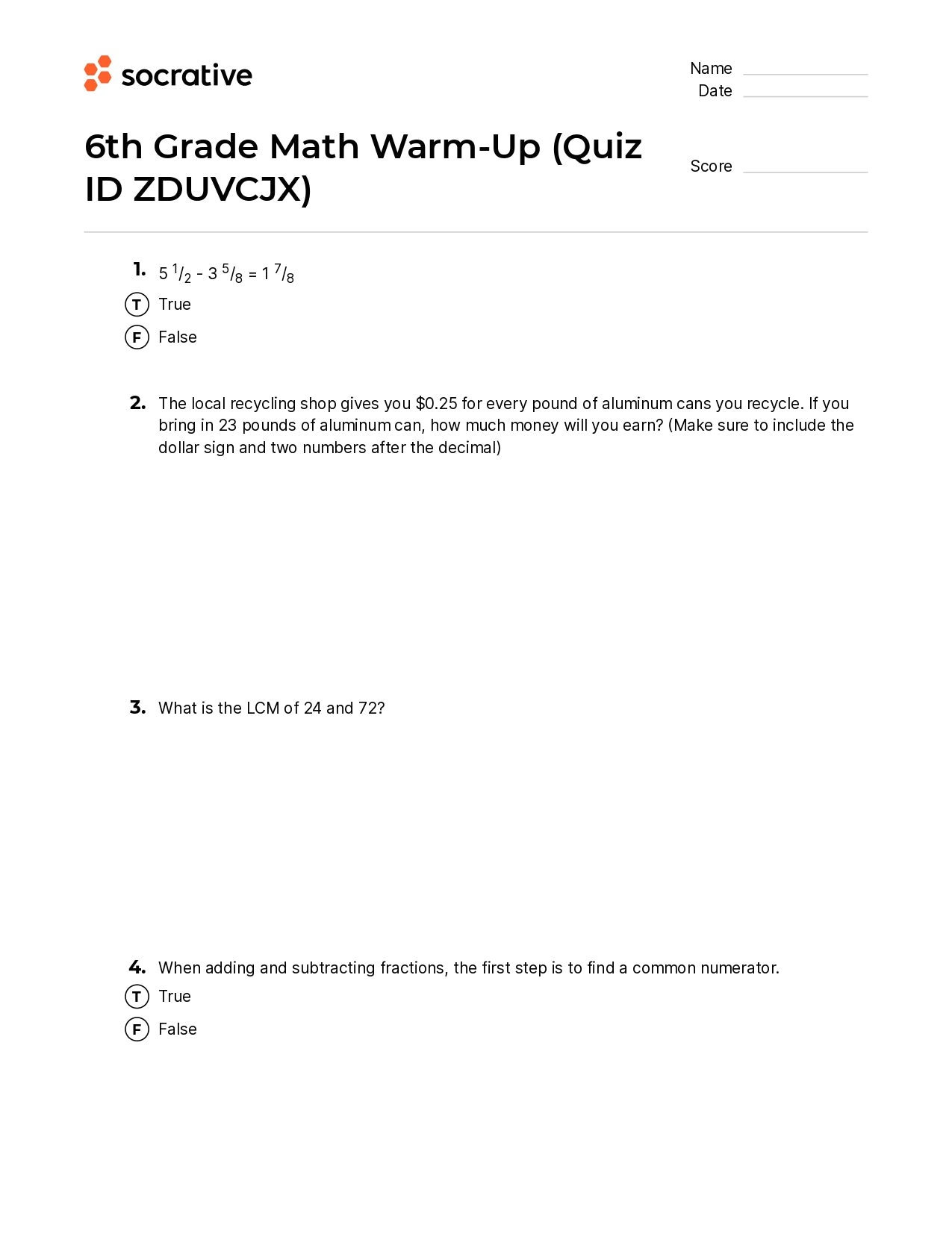 6Th Grade Math Warm-Up