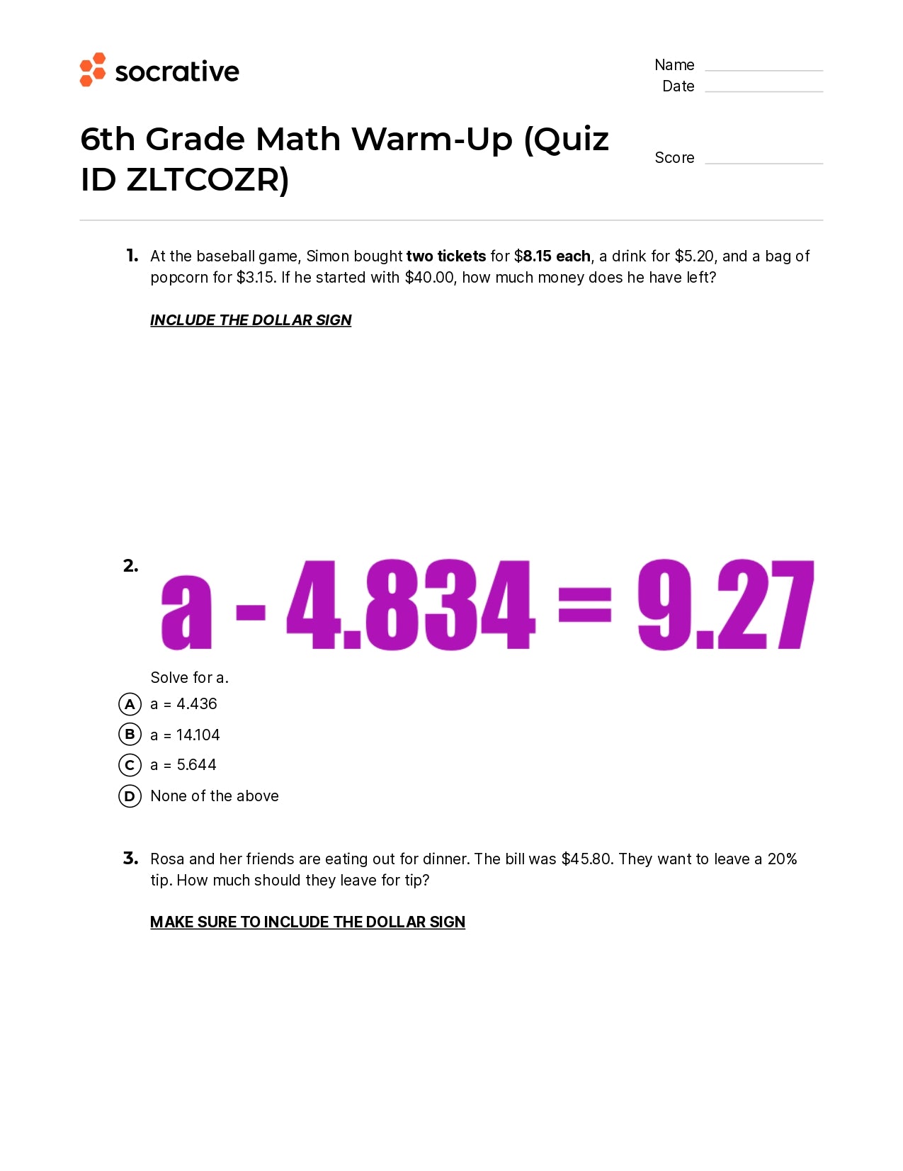 6Th Grade Math Warm-Up