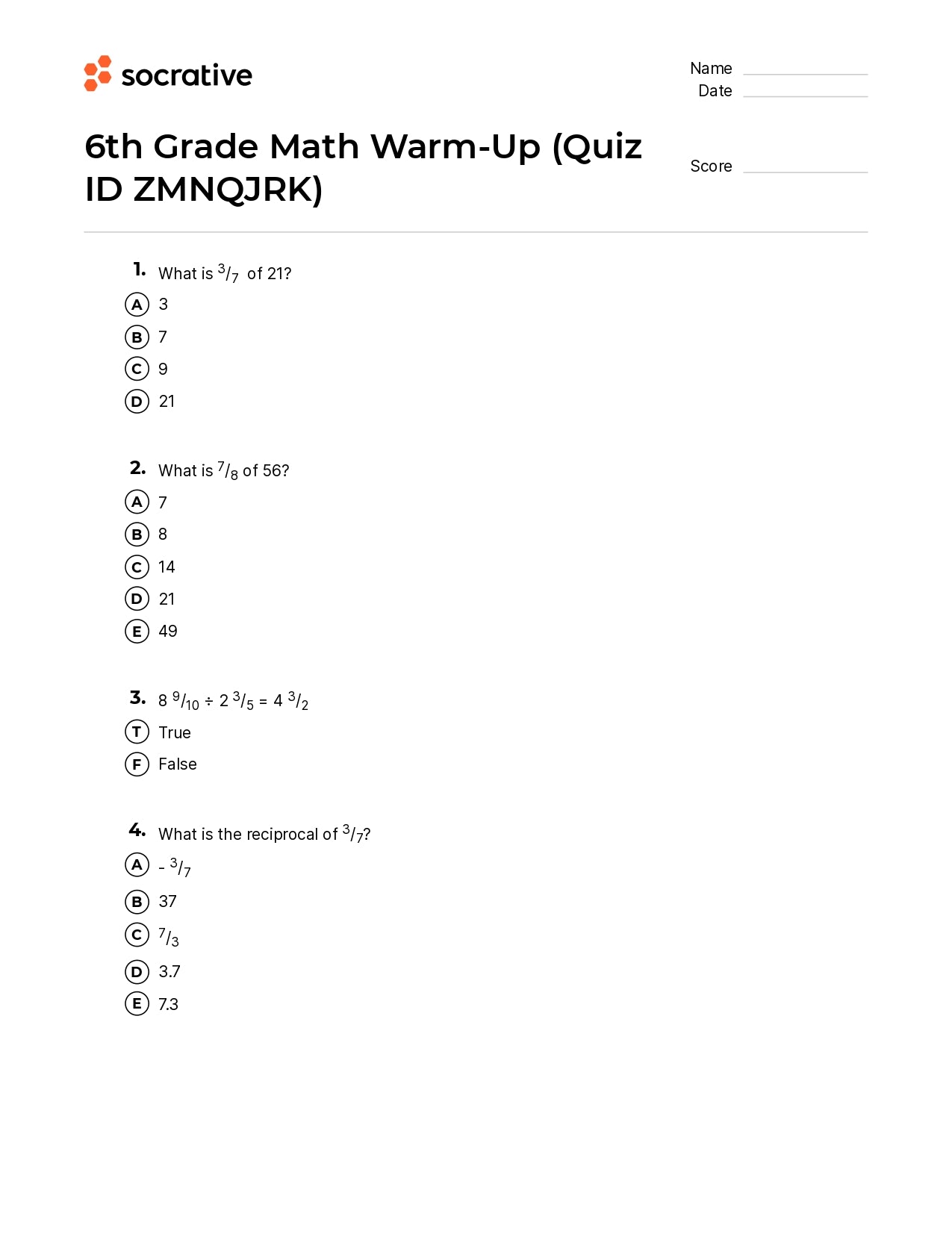 6Th Grade Math Warm-Up