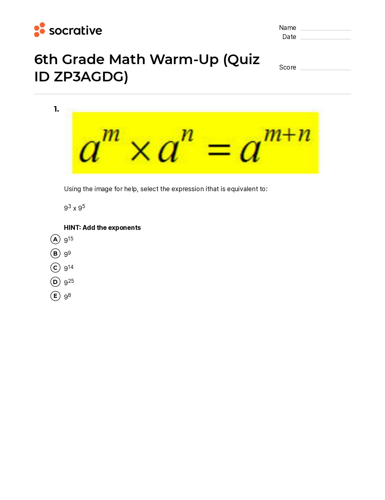 6Th Grade Math Warm-Up